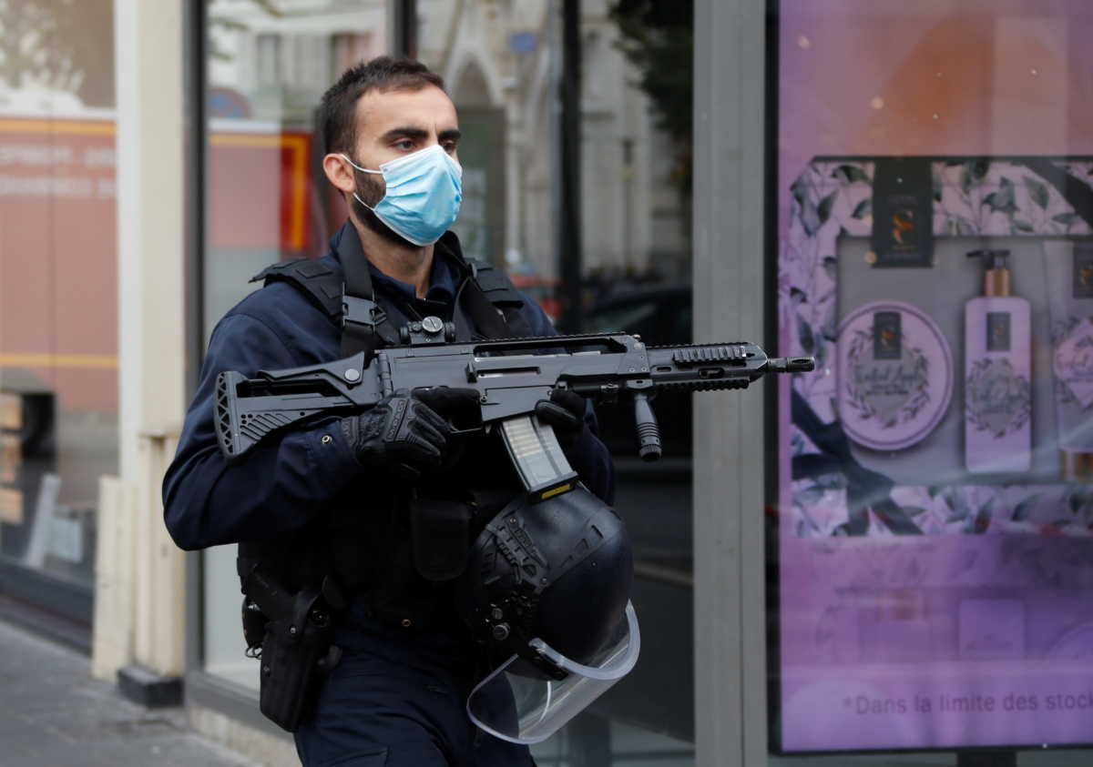 A security officer secures the area after a reported knife attack at Notre Dame church in Nice, France, October 29, 2020. REUTERS