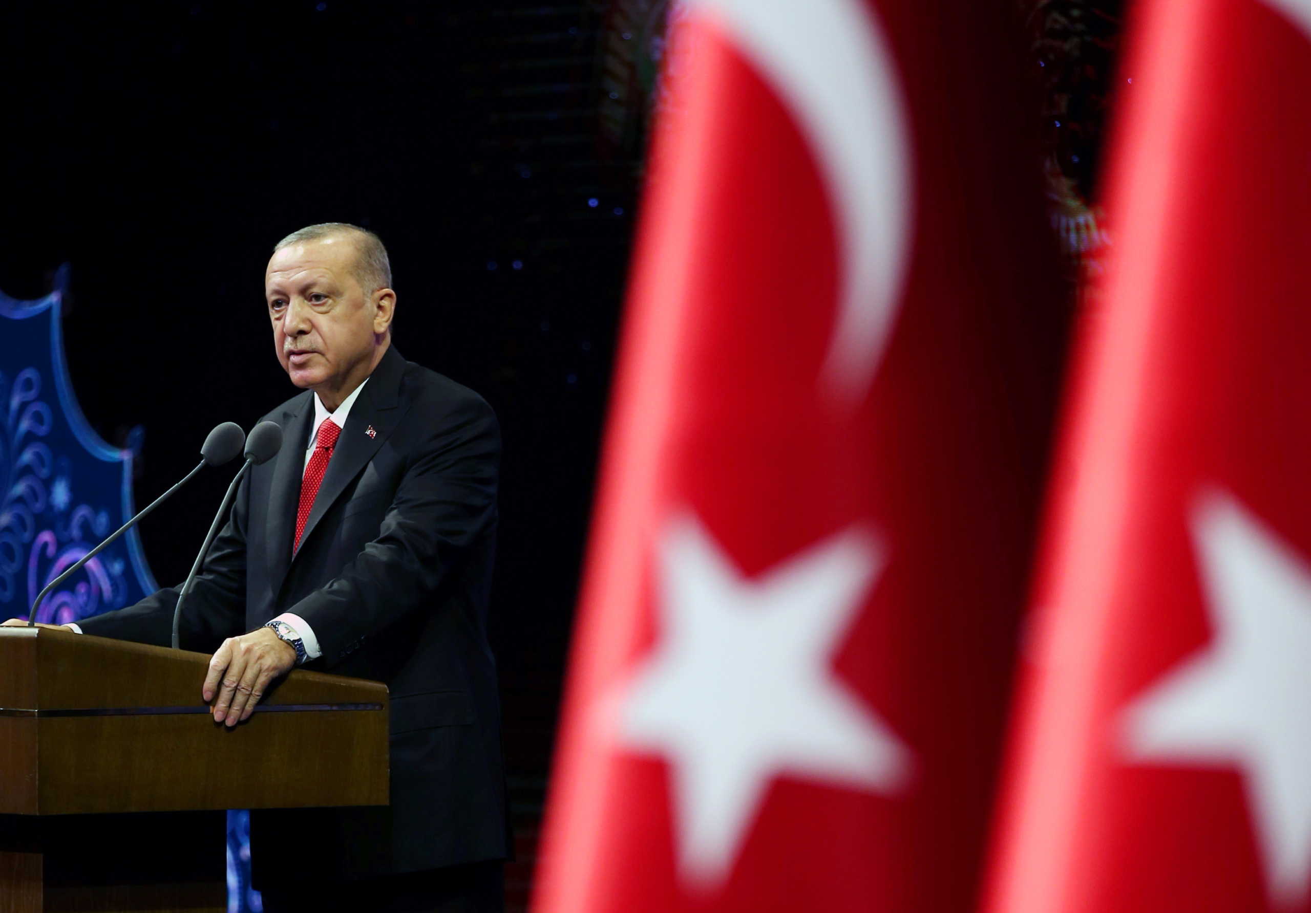Turkish President Tayyip Erdogan makes a speech during a meeting in Ankara, Turkey October 26, 2020. Presidential Press Office