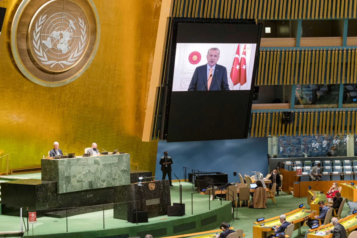 President of Turkey, Recep Tayyip Erdogan, speaks during the 75th annual U.N. General Assembly, which is being held mostly virtually due to the coronavirus disease (COVID-19) pandemic in the Manhattan borough of New York City, New York, U.S., September 22, 2020.  United Nations