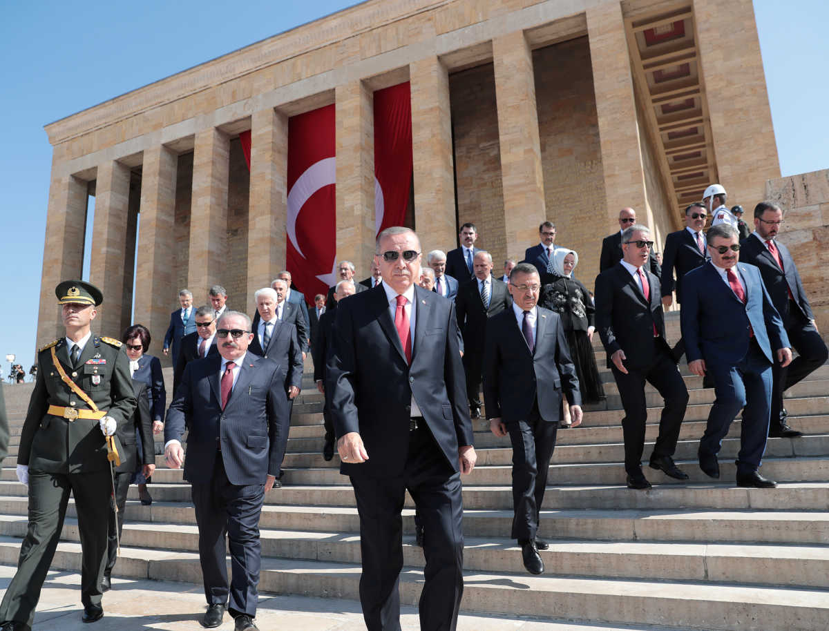 Turkish President Tayyip Erdogan attends a ceremony marking the 97th anniversary of Victory Day at Anitkabir, mausoleum of modern Turkey's founder Ataturk, in Ankara, Turkey, August 30, 2019. Murat Cetinmuhurdar