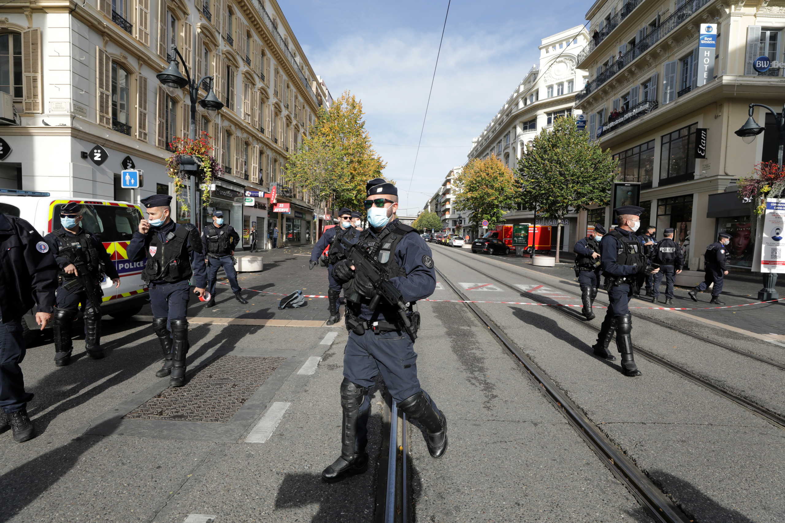 Security forces guard the area after a reported knife attack at Notre Dame church in Nice, France, October 29, 2020. REUTERS