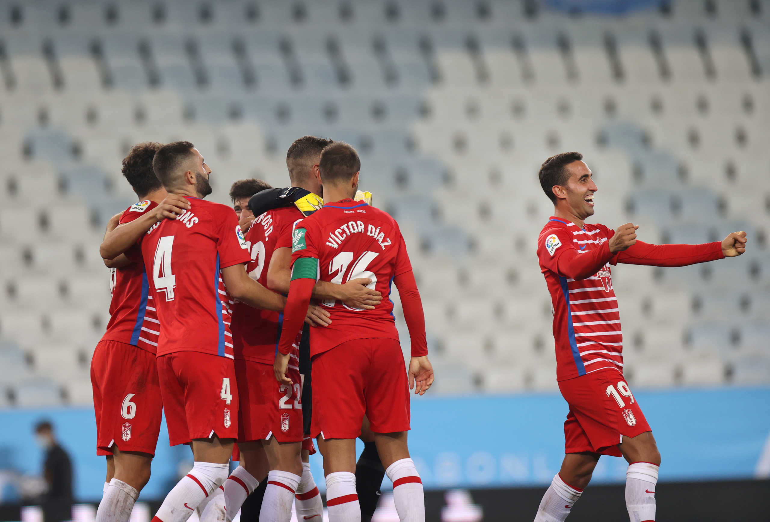 Football Soccer - UEFA Europa League - Play-off - Malmo FF v Granada CF - Malmo New Stadium, Malmo, Sweden - October 1, 2020. Granada's players celebrate. TT News Agency