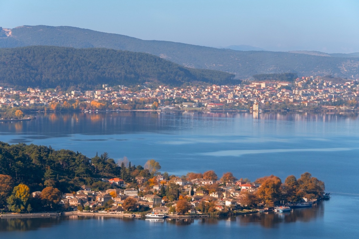 View of Ioannina island and town on Pamvotida Lake, Epirus, Greece