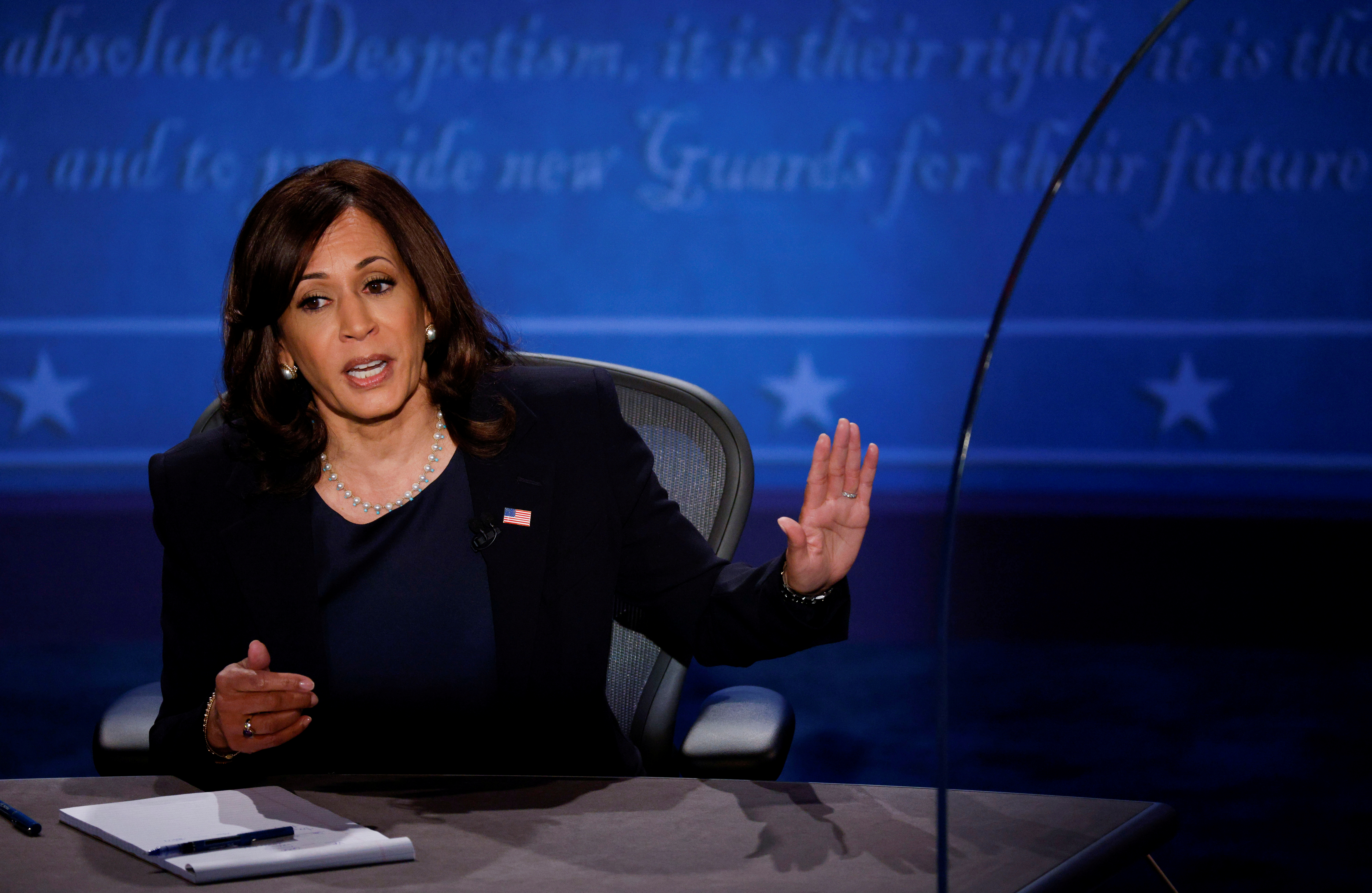 Democratic vice presidential nominee Senator Kamala Harris speaks during the vice presidential campaign debate with  U.S. Vice President Mike Pence held on the campus of the University of Utah in Salt Lake City, Utah, U.S., October 7, 2020. REUTERS
