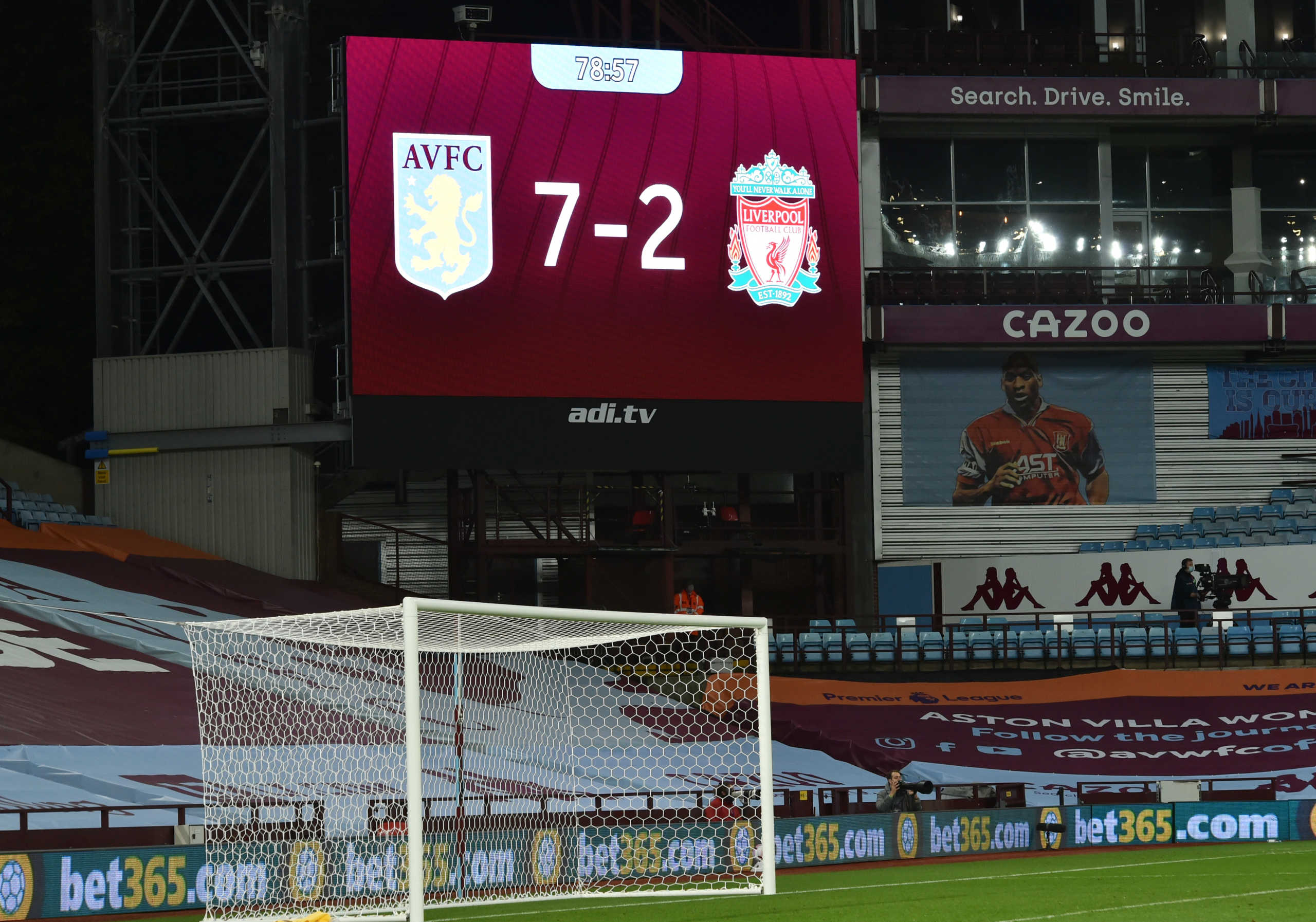 Soccer Football - Premier League - Aston Villa v Liverpool - Villa Park, Birmingham, Britain - October 4, 2020. General view as the big screen displays the score during the match. Pool via REUTERS