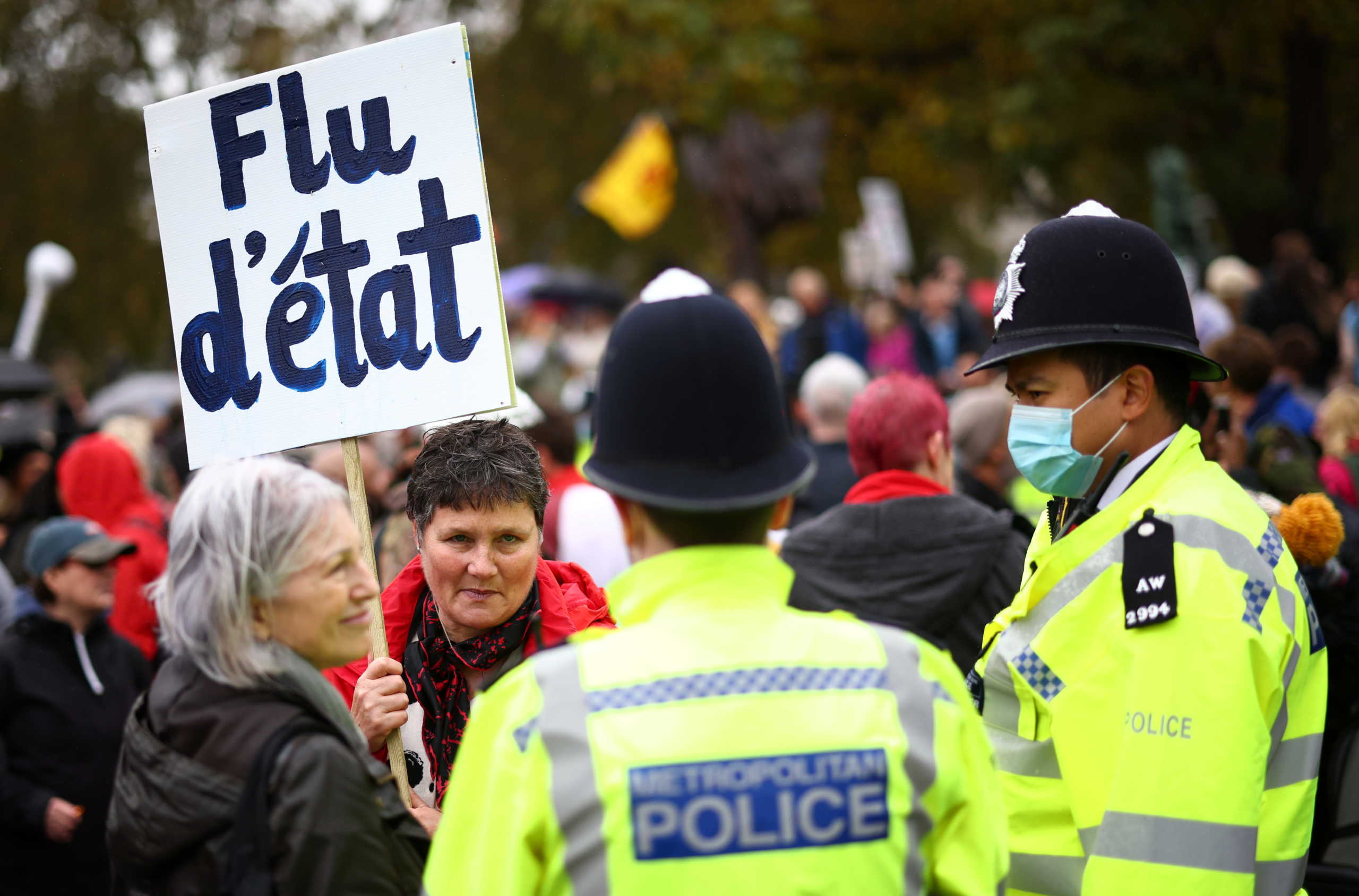 Anti-lockdown protesters take part in a march, amid the coronavirus disease (COVID-19) outbreak, in London, Britain October 24, 2020. REUTERS