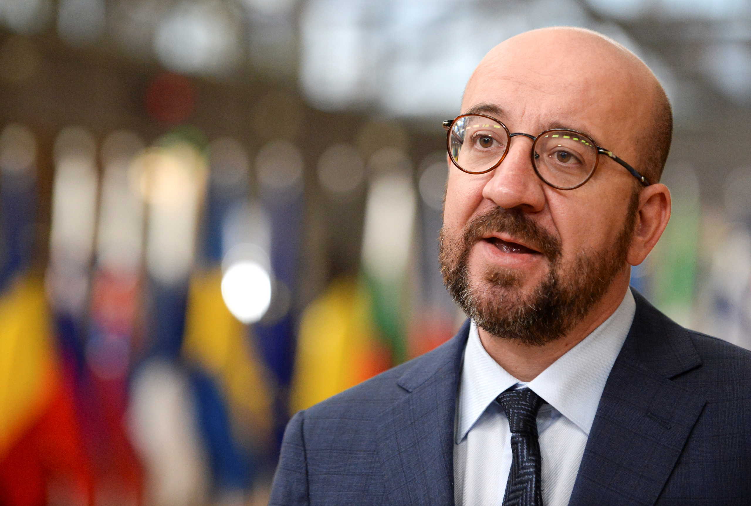 European Council President Charles Michel speaks to the media as he arrives for the European Union leaders face-to-face summit in Brussels, Belgium October 16, 2020. REUTERS