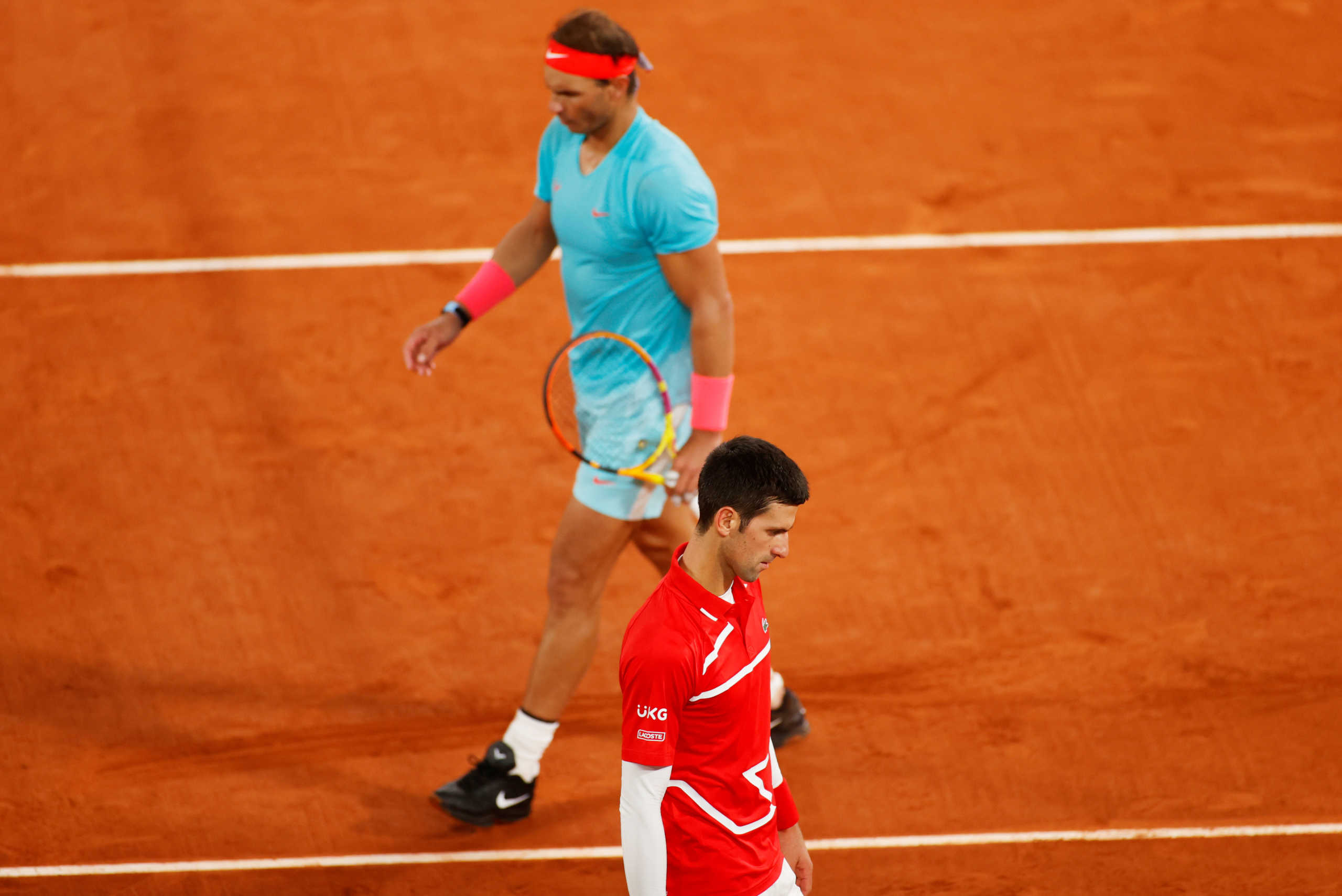 Tennis - French Open - Roland Garros, Paris, France - October 11, 2020 Serbia’s Novak Djokovic and Spain’s Rafael Nadal during the final REUTERS