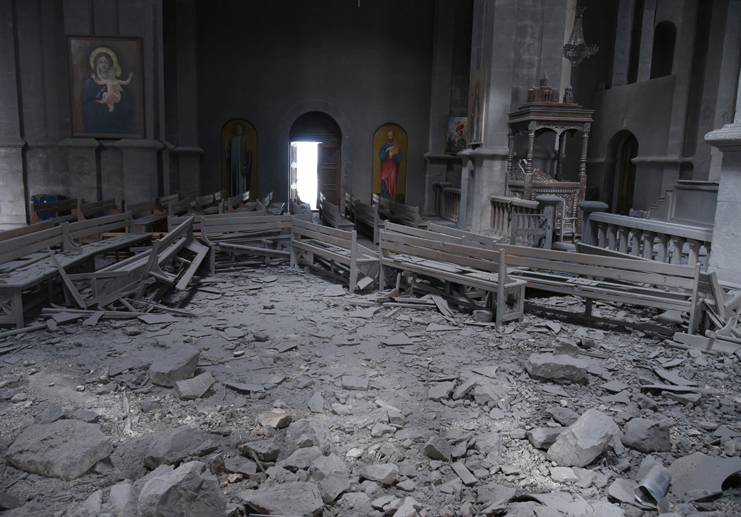 An interior view shows Ghazanchetsots Cathedral damaged by recent shelling during a military conflict over the breakaway region of Nagorno-Karabakh, in Shushi (Shusha) October 8, 2020. David Ghahramanyan