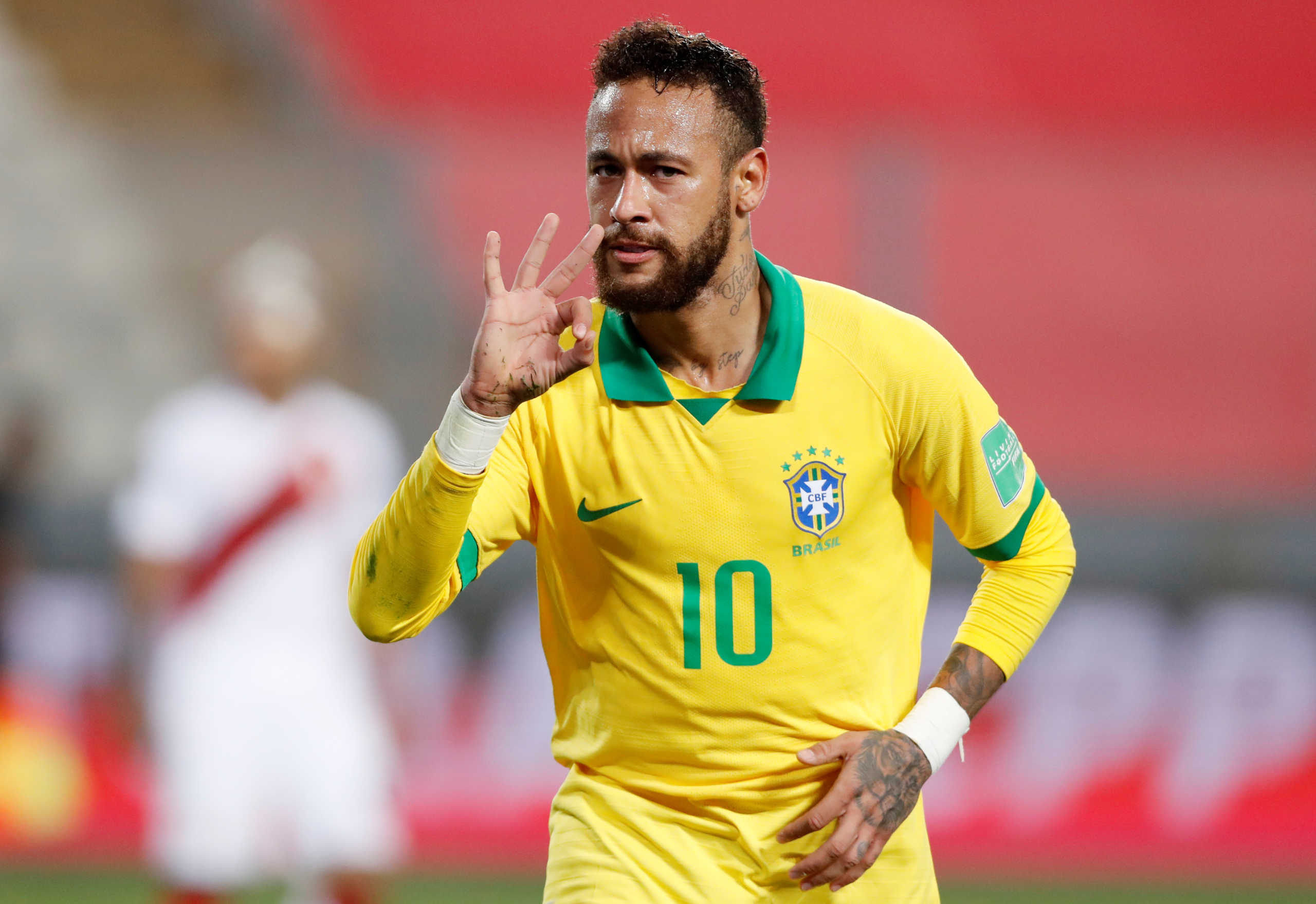 Soccer Football - World Cup 2022 South American Qualifiers - Peru v Brazil - Nacional Stadium, Lima, Peru - October 13, 2020 Brazil's Neymar celebrates scoring their fourth goal Paolo Aguilar
