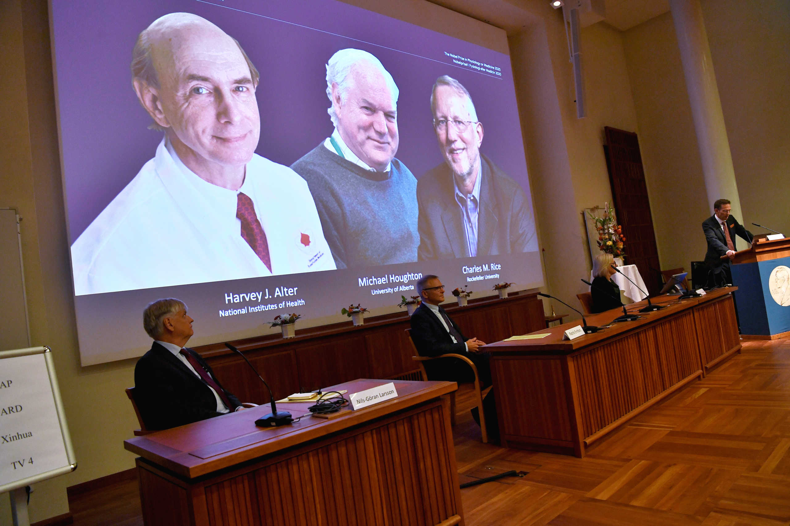Thomas Perlmann, Secretary of the Nobel Assembly at Karolinska Institutet and of the Nobel Committee for Physiology or Medicine, announces Harvey J? Alter, Michael Houghton and Charles M? Rice as the winners of the 2020 Nobel Prize in Physiology or Medicine during a news conference at the Karolinska Institute in Stockholm, Sweden, October 5, 2020.  Claudio Bresciani