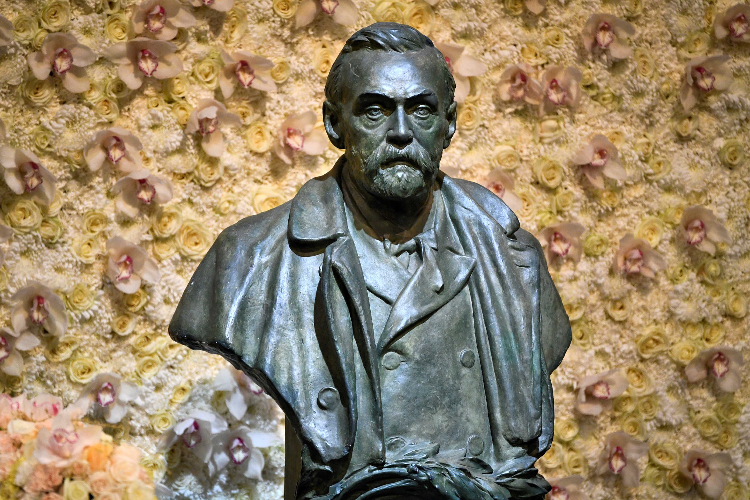 FILE PHOTO: A bronze bust of Alfred Nobel is pictured before the Nobel Prize ceremony at Stockholm Concert Hall, in Stockholm, Sweden December 10, 2019. TT News Agency