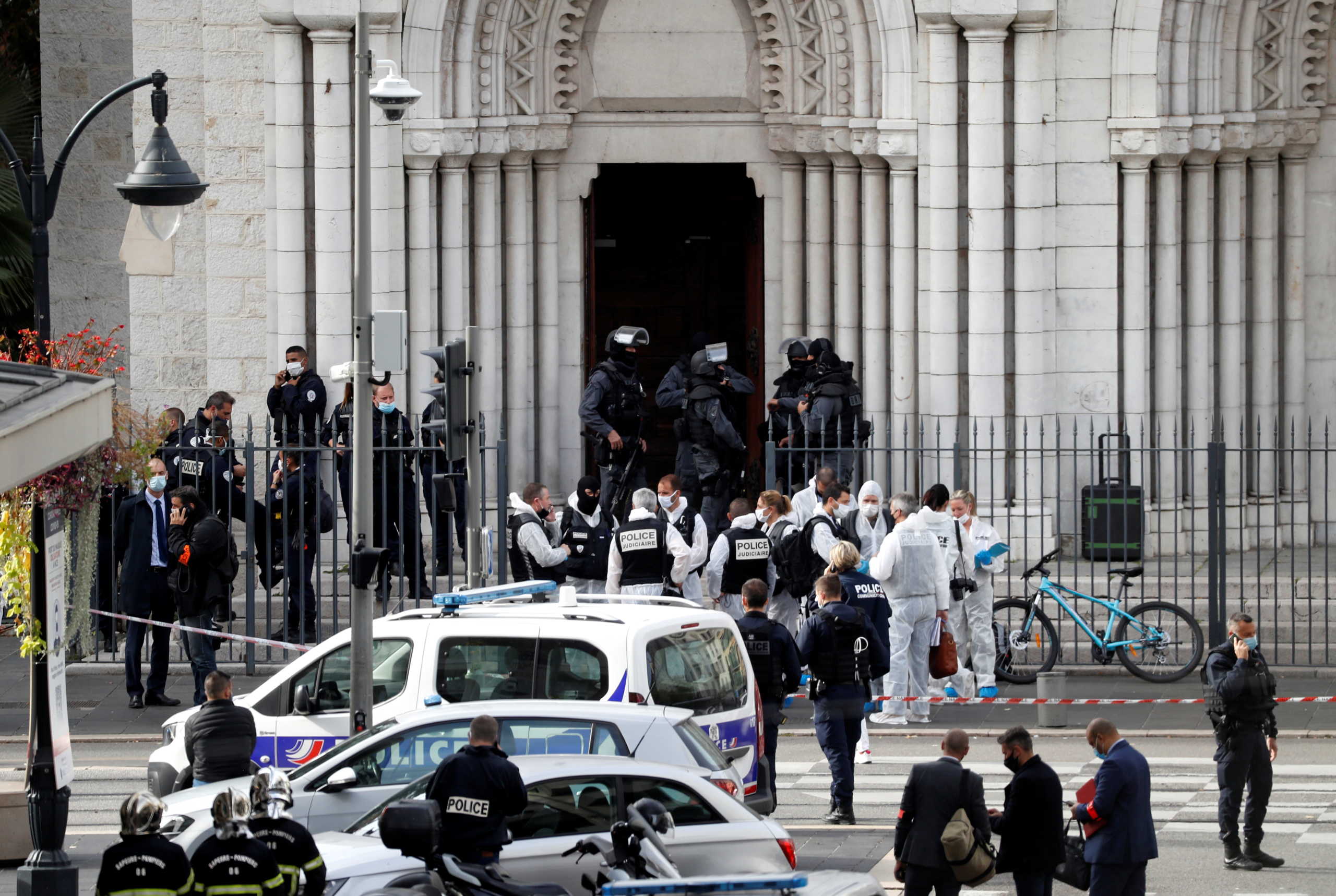 Security forces guard the area after a reported knife attack at Notre Dame church in Nice, France, October 29, 2020. REUTERS