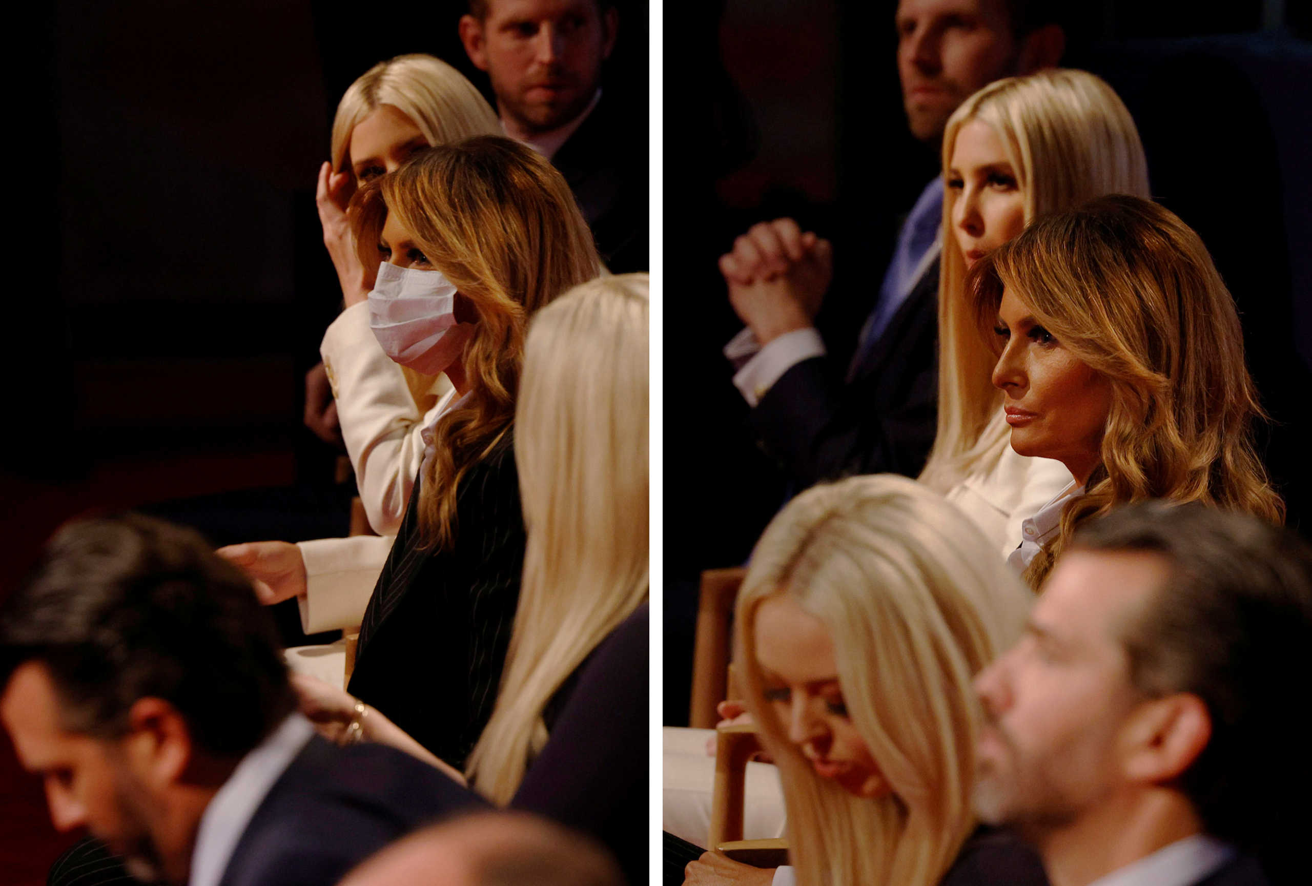 This combination of two photographs shows first lady Melania Trump wearing a face mask and then going without it along with the rest of the Trump family, including (from foreground) Donald Trump Jr., Tiffany Trump, Ivanka Trump and Eric Trump, before the start of the first presidential debate between U.S. President Donald Trump and Democratic presidential nominee Joe Biden in Cleveland, Ohio, U.S., September 29, 2020.   Pictures taken September 29, 2020.     REUTERS