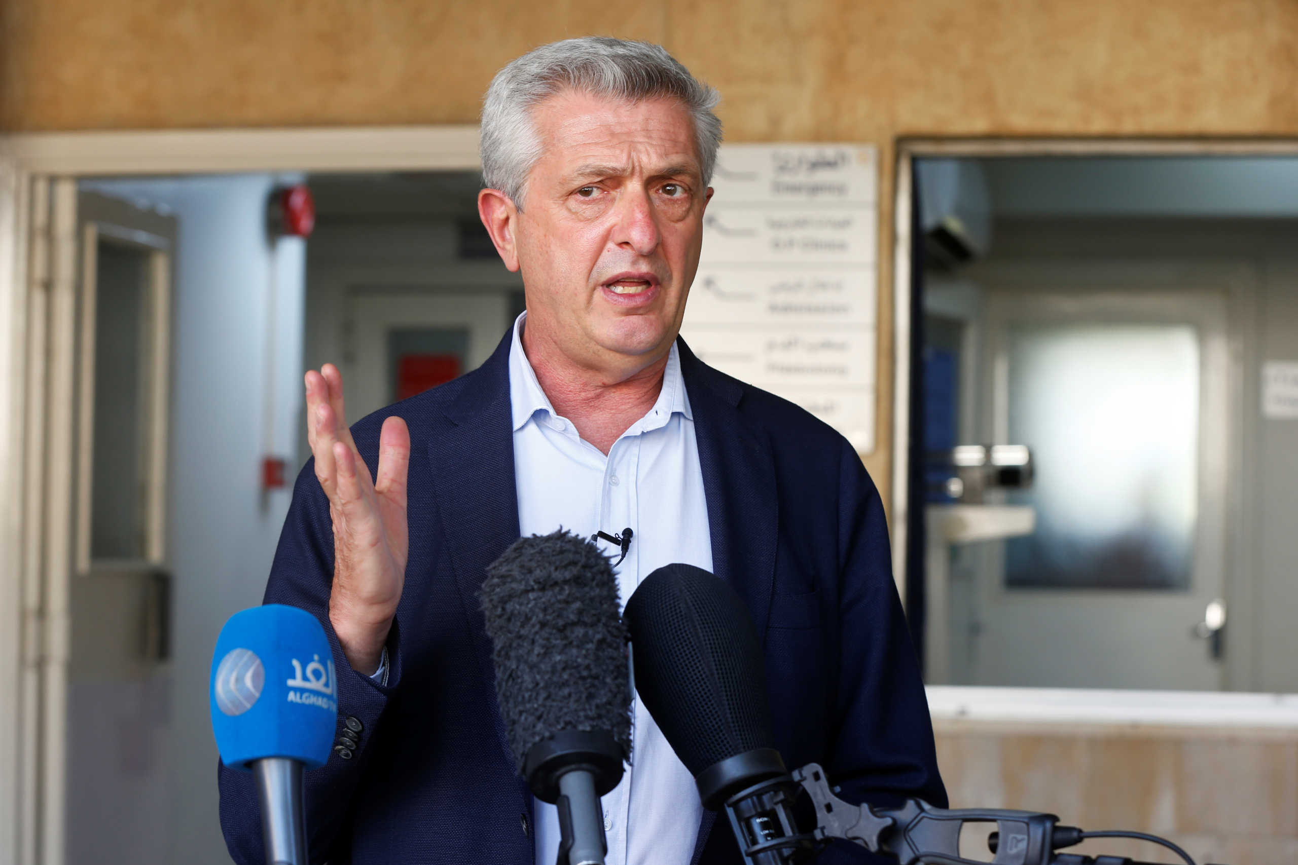 The United Nations High Commissioner for Refugees (UNHCR) Filippo Grandi gestures as he speaks during his visit to Luzmila Hospital in Amman, Jordan September 14, 2020. REUTERS