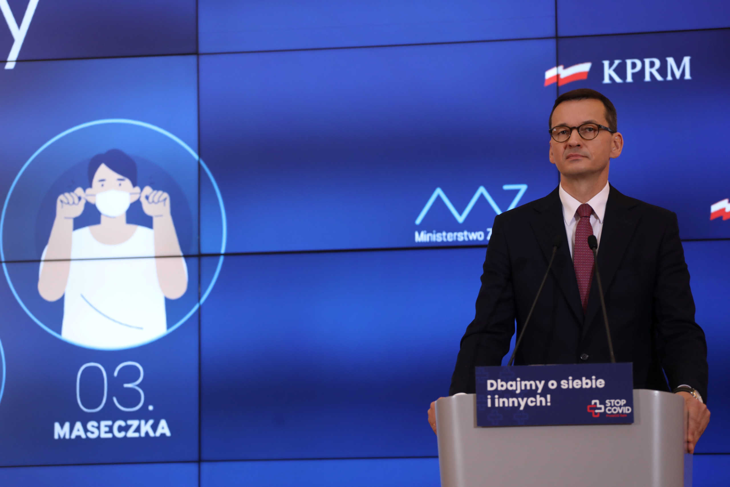 Poland's Prime Minister Mateusz Morawiecki speaks during a news conference as the country grapples with a sharp spike in coronavirus disease (COVID-19) cases, in Warsaw, Poland October 8, 2020. Slawomir Kaminski