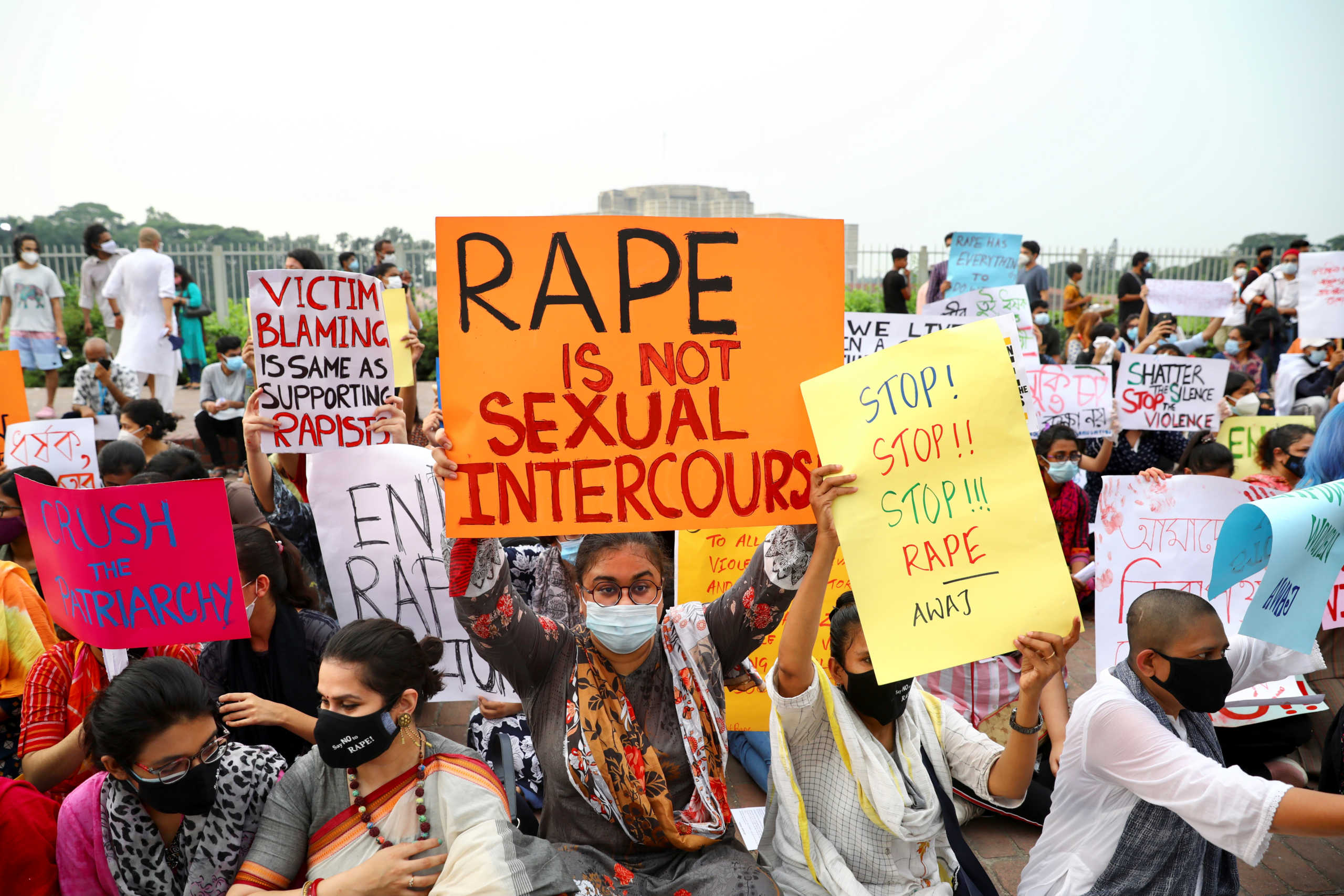 Members of a feminist group take part in an ongoing protest in front of the parliamentary building, demanding justice for the alleged gang rape of a woman in Noakhali, southern district of Bangladesh, amid the coronavirus disease (COVID-19) outbreak in Dhaka, Bangladesh, October 10, 2020. REUTERS