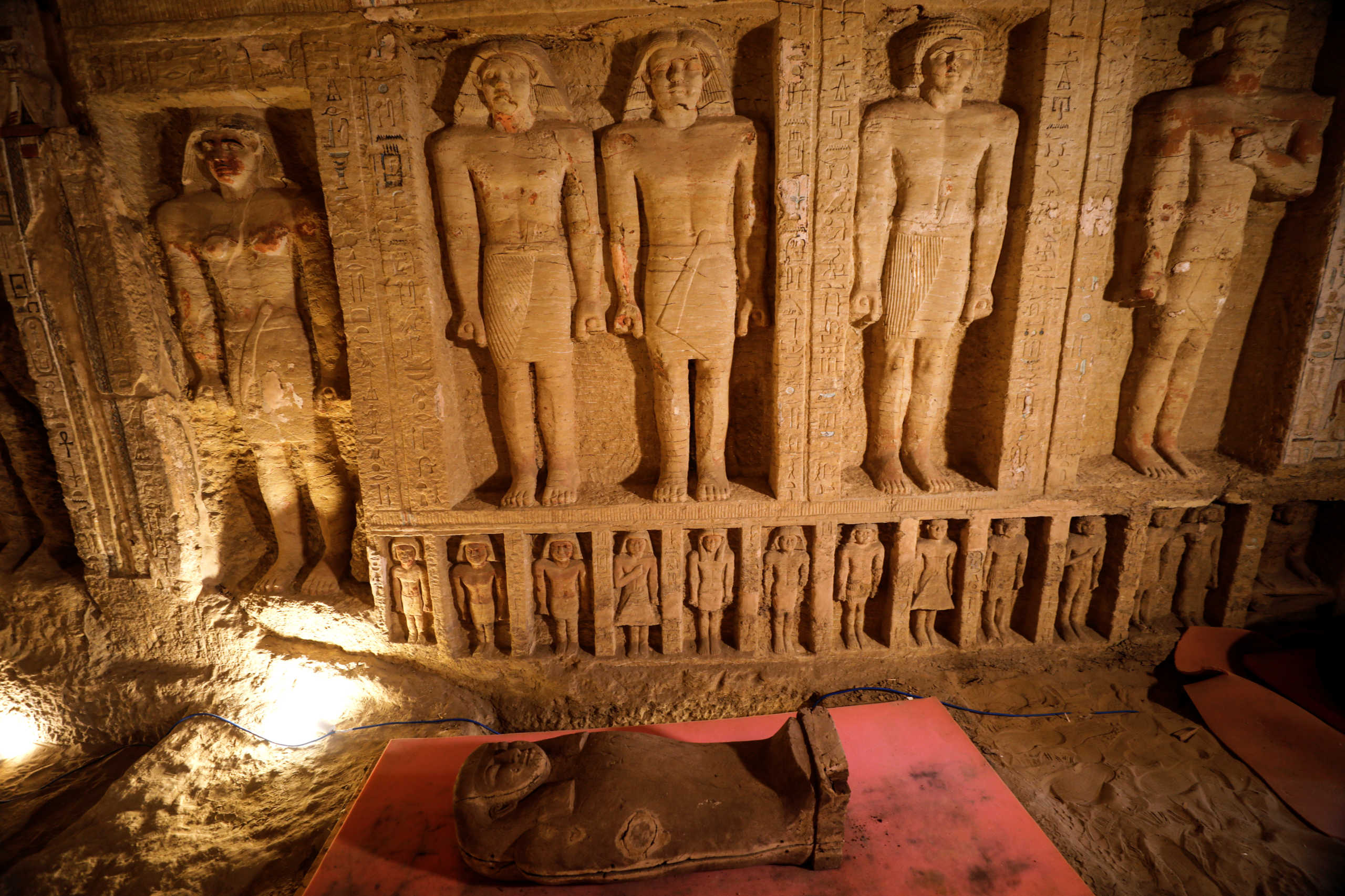 A sarcophagus that is around 2500 years old, is seen inside the newly discovered burial site near Egypt's Saqqara necropolis, in Giza, Egypt, October 3, 2020. REUTERS