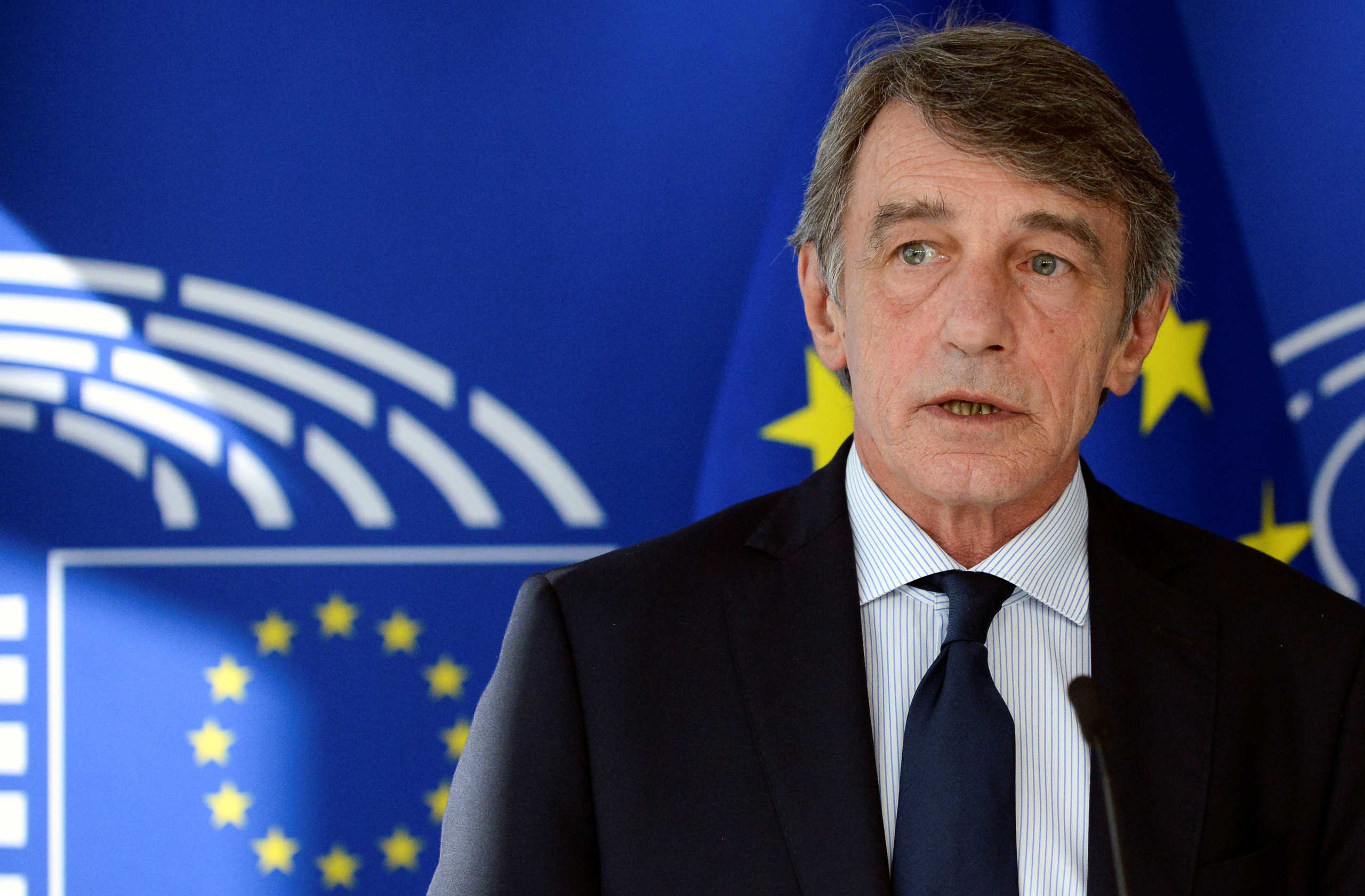 European Parliament President David Sassoli speaks during a news conference with Belarusian opposition leader Sviatlana Tsikhanouskaya (not pictured), in Brussels Belgium September 21, 2020. REUTERS