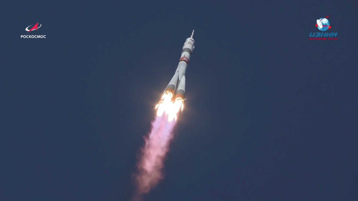 The Soyuz MS-17 spacecraft carrying the crew formed of Kathleen Rubins of NASA, Sergey Ryzhikov and Sergey Kud-Sverchkov of the Russian space agency Roscosmos blasts off to the International Space Station (ISS) from the launchpad at the Baikonur Cosmodrome, Kazakhstan October 14, 2020, in this still image taken from video. Russian space agency Roscosmos