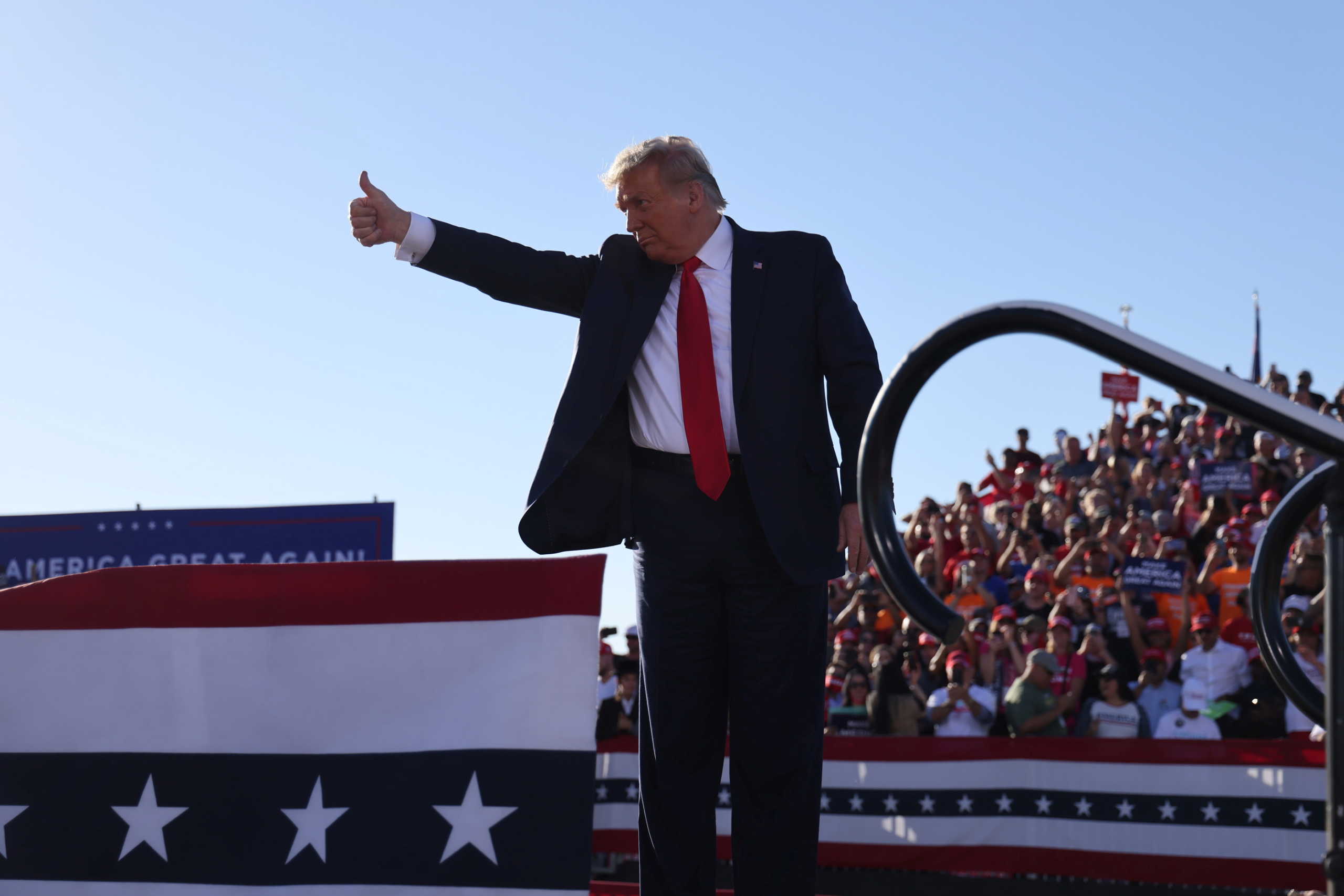 U.S. President Donald Trump gives a thumbs up during a campaign rally at Phoenix Goodyear Airport in Goodyear, Arizona, U.S., October 28, 2020. REUTERS