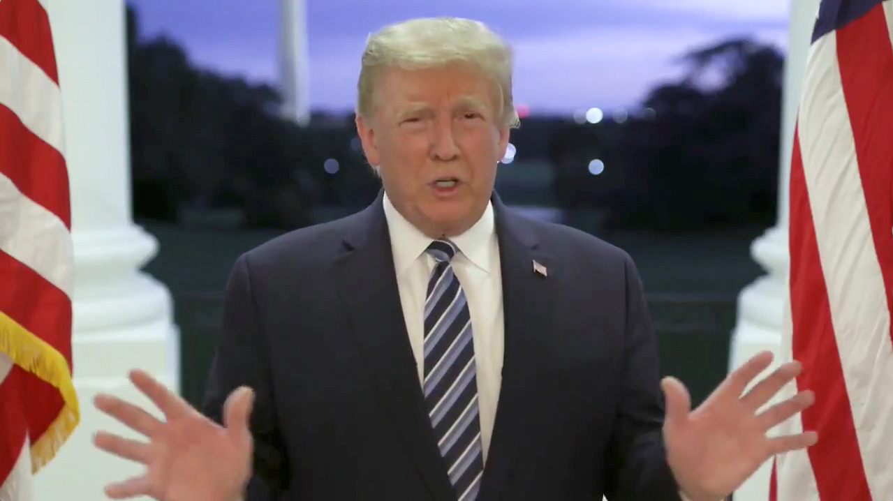 U.S. President Donald Trump speaks at the White House after returning from hospitalization at the Walter Reed Medical Center for coronavirus disease (COVID-19) treatment, in Washington, October 5, 2020, in this still image from video posted on Trump's Twitter page. @realDonaldTrump