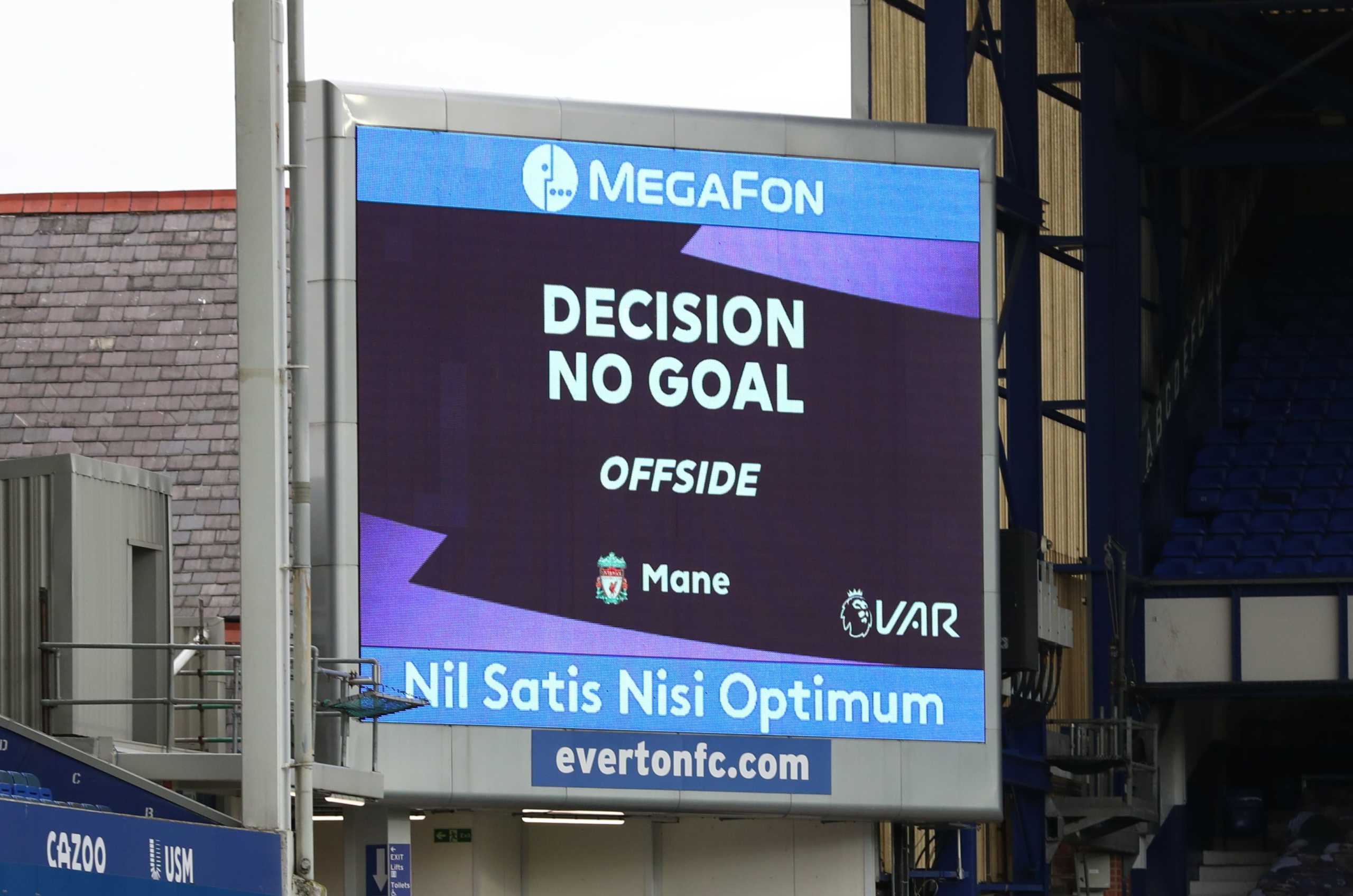 Soccer Football - Premier League - Everton v Liverpool - Goodison Park, Liverpool, Britain - October 17, 2020  General view of the big screen after Liverpool's Jordan Henderson scores a goal which is later disallowed upon VAR review Pool via REUTERS