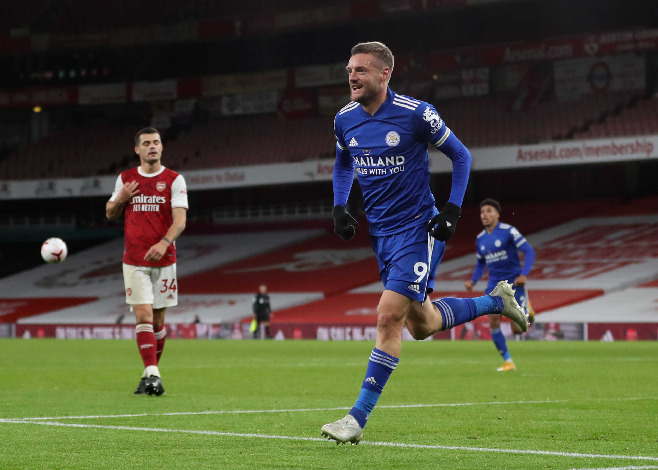 Soccer Football - Premier League - Arsenal v Leicester City - Emirates Stadium, London, Britain - October 25, 2020 Leicester City's Jamie Vardy celebrates scoring their first goal Pool via REUTERS