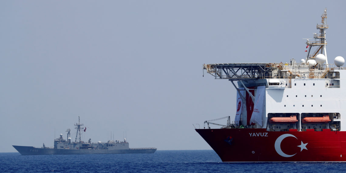 FILE PHOTO: Turkish drilling vessel Yavuz is escorted by Turkish Navy frigate TCG Gemlik (F-492) in the eastern Mediterranean Sea off Cyprus, August 6, 2019. Picture taken August 6, 2019. REUTERS