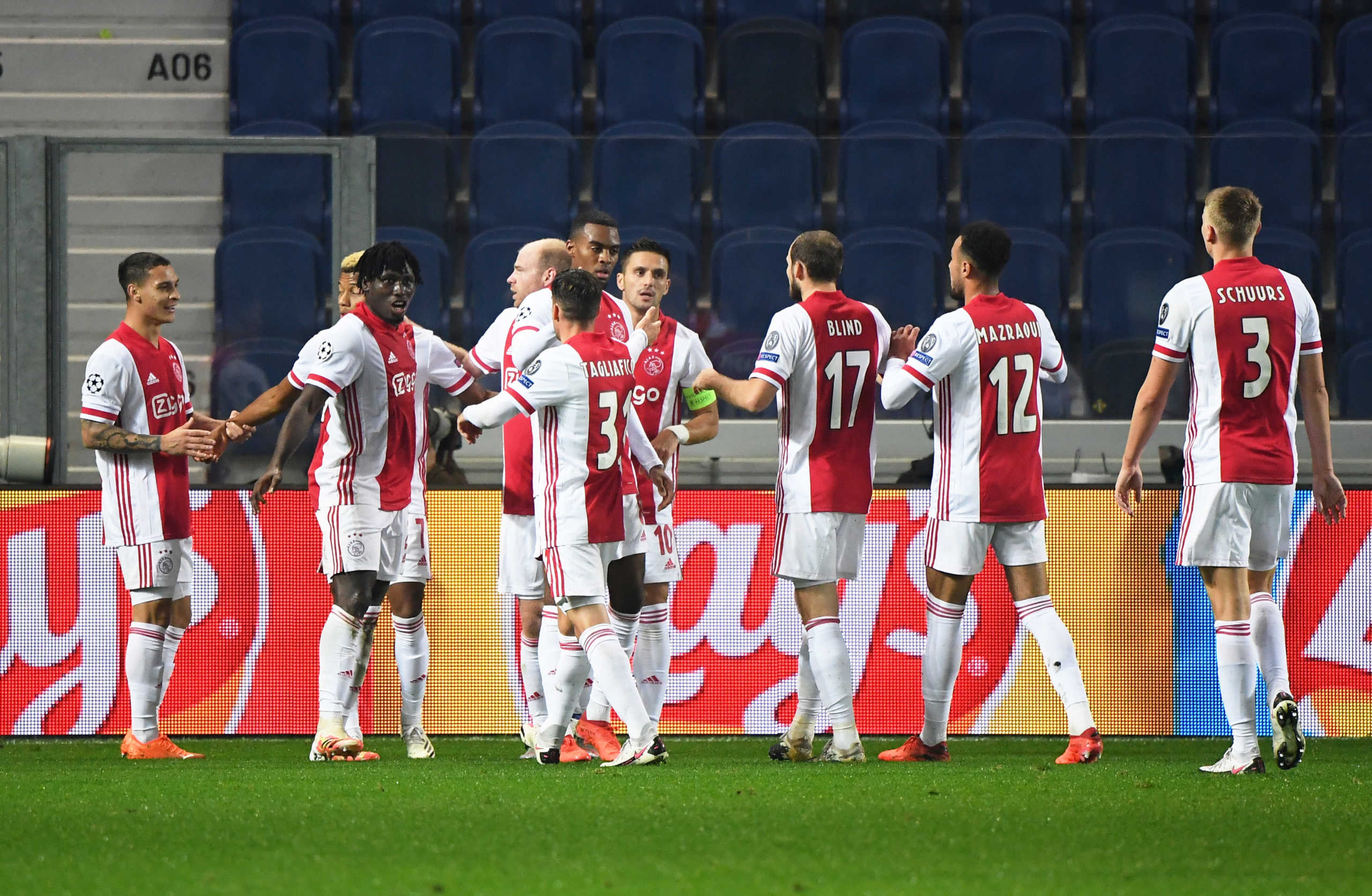 Soccer Football - Champions League - Group D - Atalanta v Ajax Amsterdam - Stadio Atleti Azzurri, Bergamo, Italy - October 27, 2020 Ajax's Lassina Traore celebrates scoring their second goal with teammates REUTERS