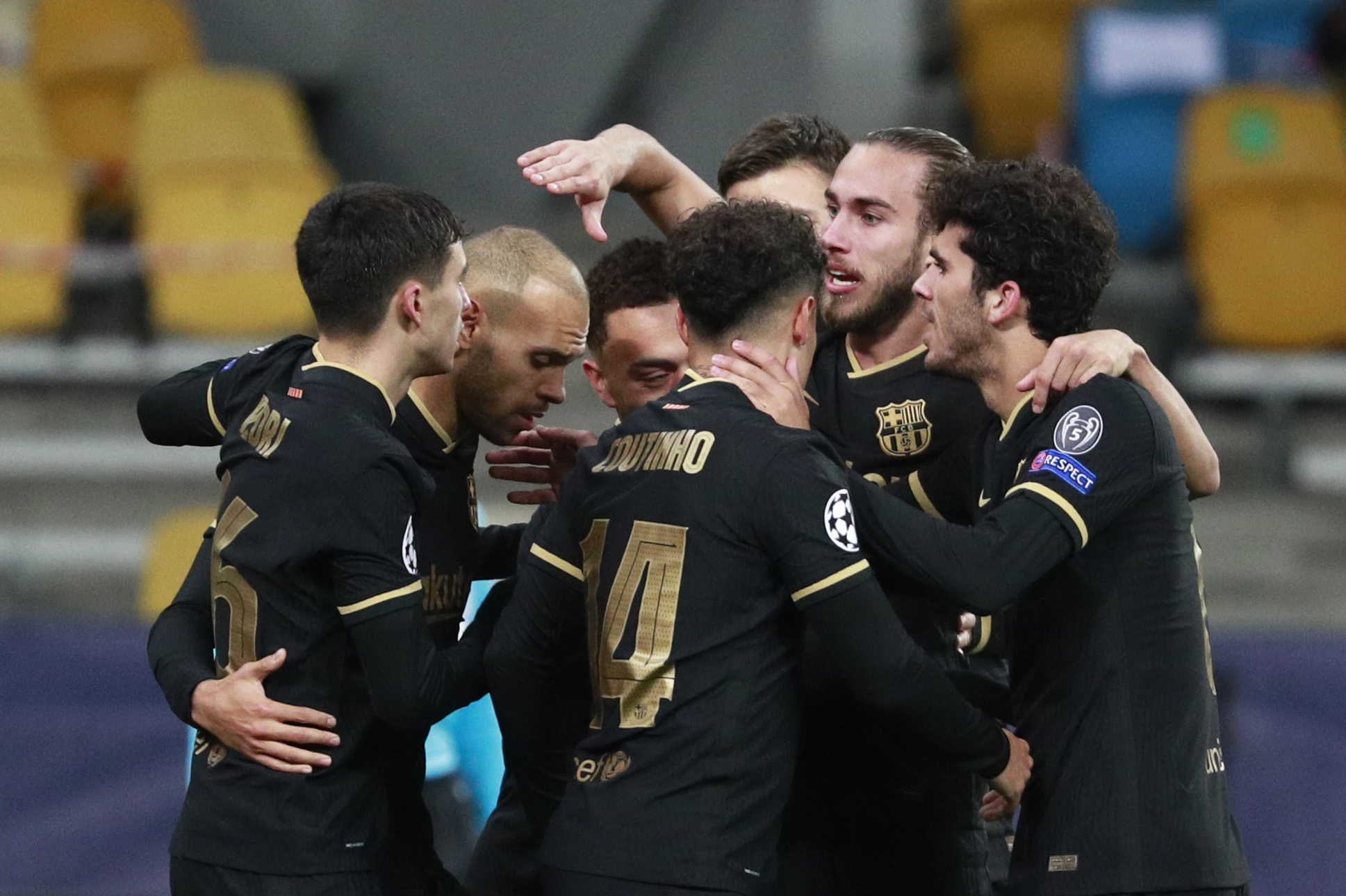 Soccer Football - Champions League - Group G - Dynamo Kyiv v FC Barcelona - NSC Olympiyskiy, Kyiv, Ukraine - November 24, 2020 Barcelona's Sergino Dest celebrates scoring their first goal with teammates REUTERS