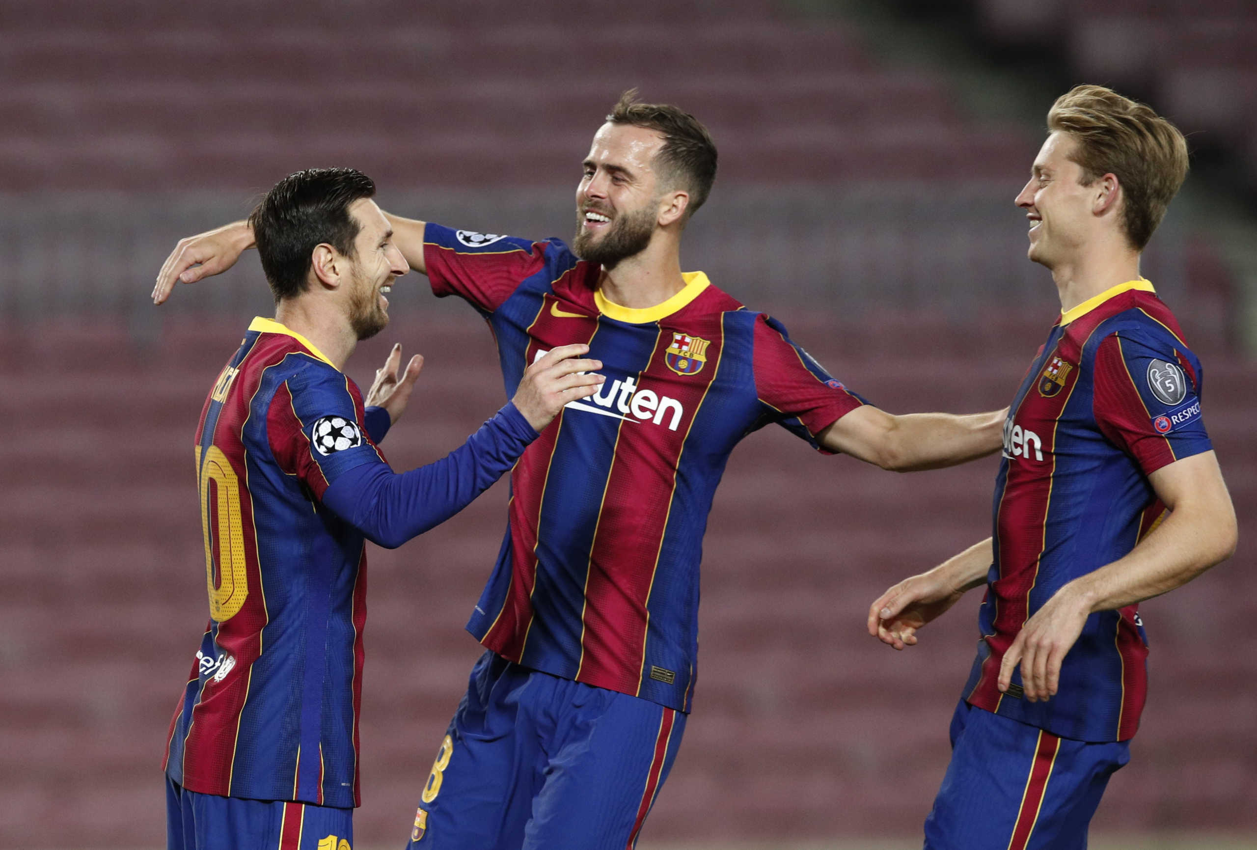 Soccer Football - Champions League - Group G - FC Barcelona v Dynamo Kyiv - Camp Nou, Barcelona, Spain - November 4, 2020 FC Barcelona's Lionel Messi celebrates scoring their first goal with teammates REUTERS