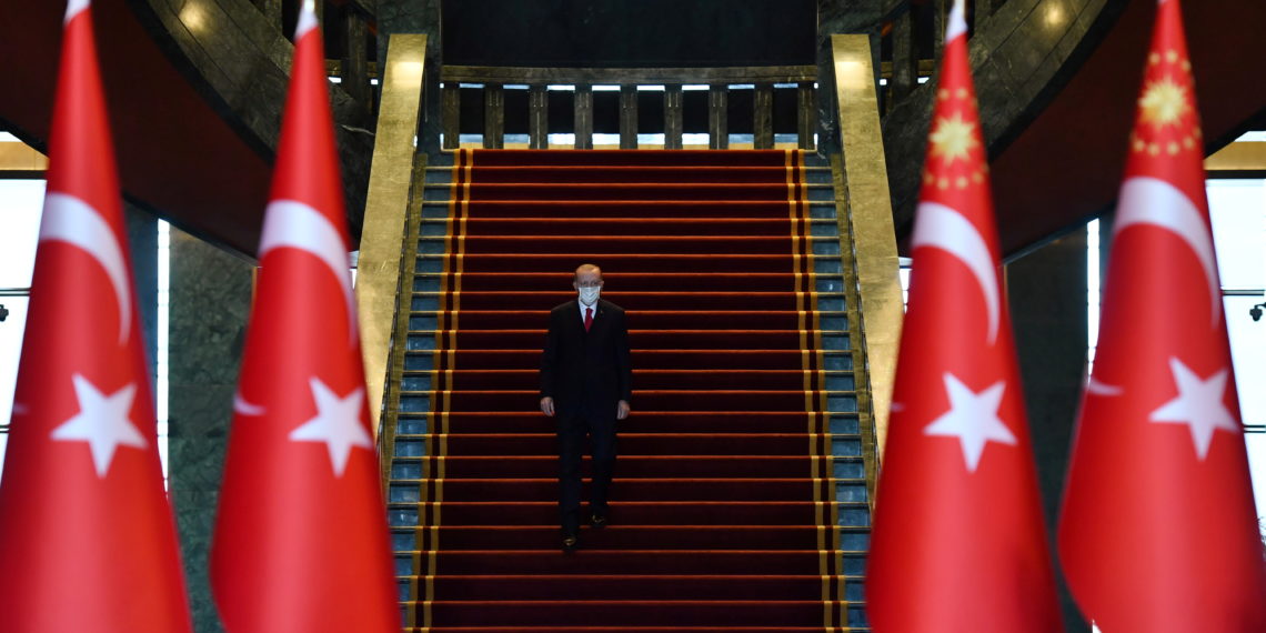 Turkish President Tayyip Erdogan attends a Republic Day ceremony at the Presidential Palace in Ankara, Turkey, October 29, 2020. Presidential Press Office