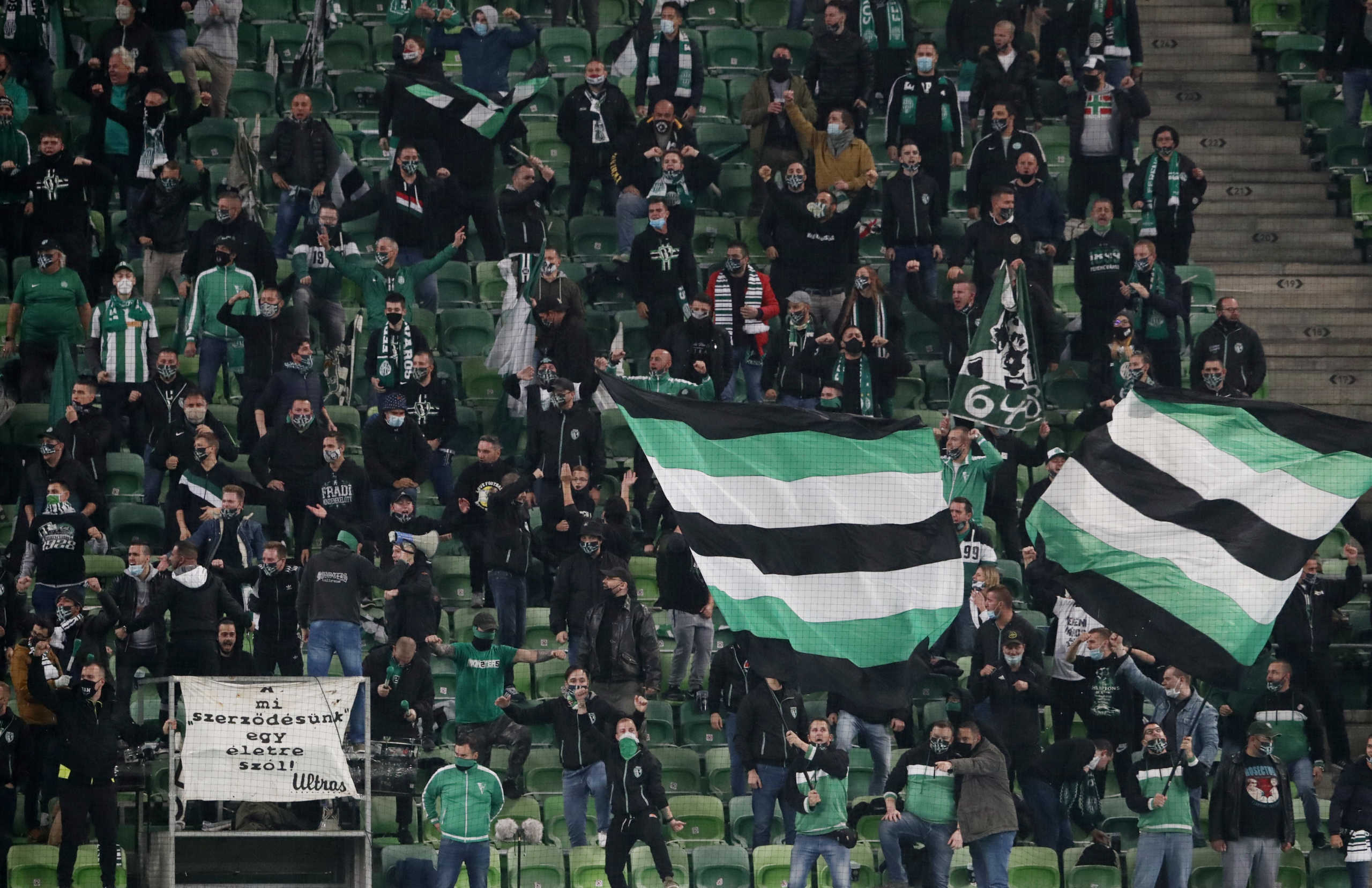Soccer Football - Champions League - Group G - Ferencvaros v Dynamo Kyiv - Groupama Arena, Budapest, Hungary - October 28, 2020 Ferencvaros fans inside the stadium REUTERS