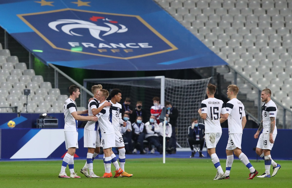 Soccer Football - International Friendly - France v Finland - Stade de France, Saint-Denis, France - November 11, 2020  Finland's Onni Valakari celebrates scoring their second goal with teammates REUTERS