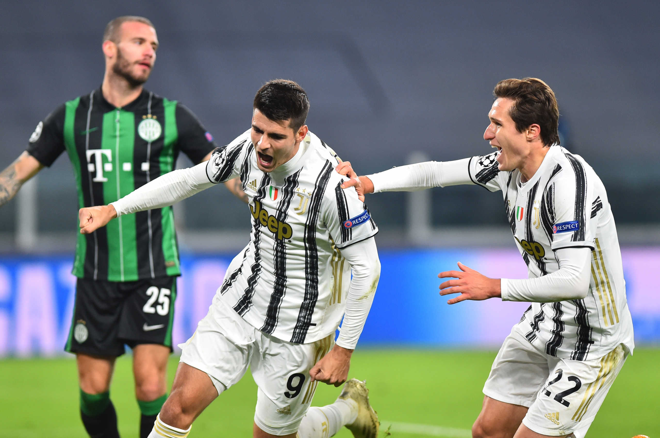 Soccer Football - Champions League - Group G - Juventus v Ferencvaros - Allianz Stadium, Turin, Italy - November 24, 2020 Juventus' Alvaro Morata celebrates scoring their second goal with Federico Chiesa REUTERS