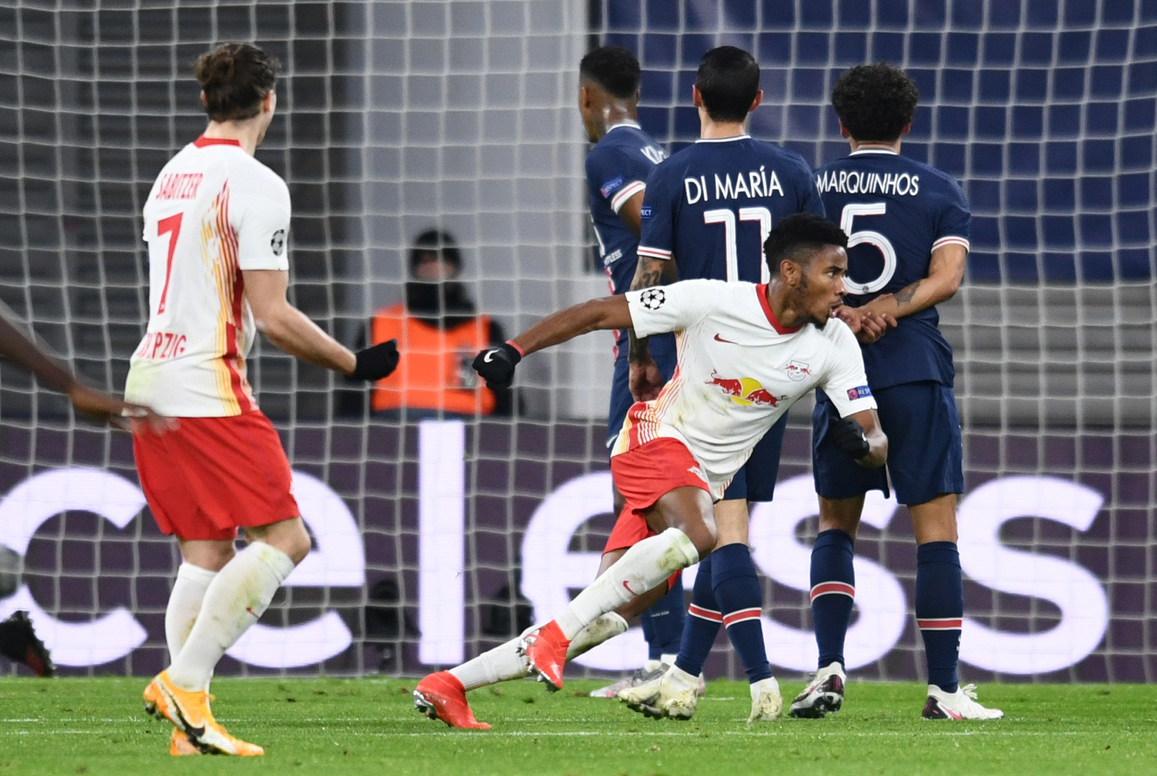 Soccer Football - Champions League - Group H - RB Leipzig v Paris St Germain - Red Bull Arena, Leipzig, Germany - November 4, 2020 RB Leipzig’s Christopher Nkunku celebrates scoring their first goal REUTERS