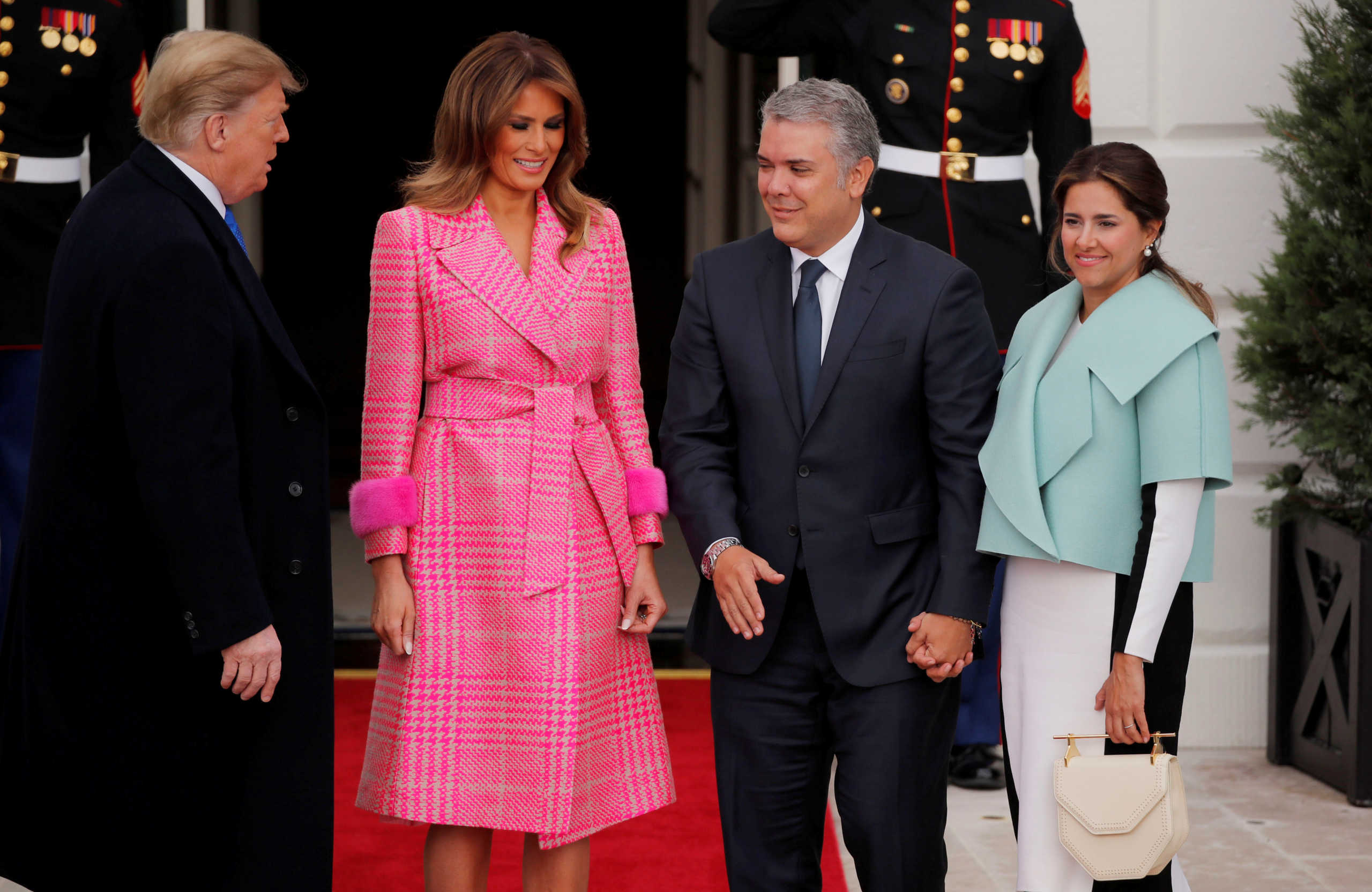 FILE PHOTO: U.S. President Donald Trump and first lady Melania Trump welcome Colombian President Ivan Duque and his wife Maria Juliana Ruiz to the White House in Washington, U.S., February 13, 2019. REUTERS