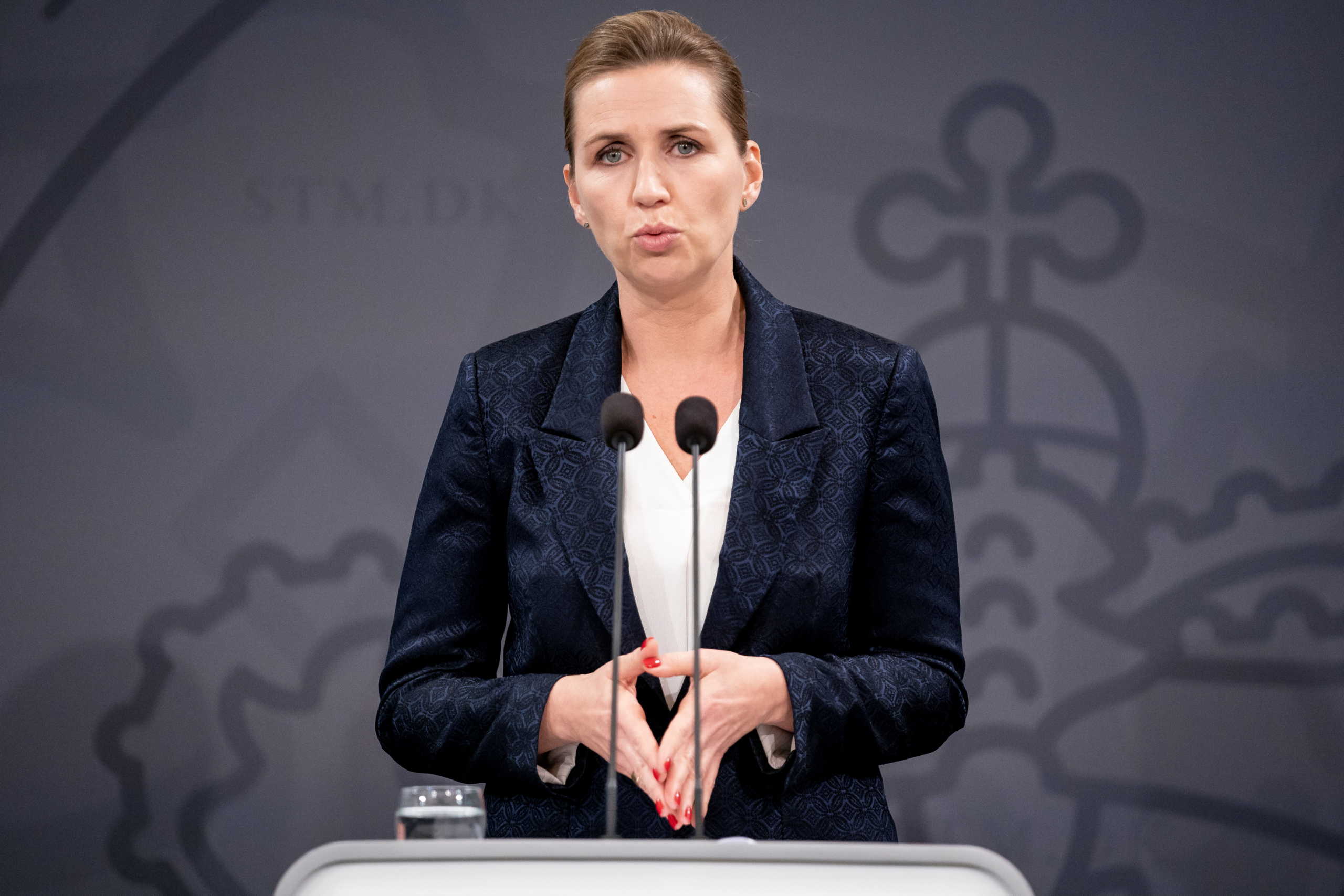 Danish Prime Minister Mette Frederiksen speaks during a news conference on the coronavirus disease (COVID-19) in the Mirror Hall in the Prime Minister's Office at Christiansborg, Copenhagen, Denmark October 23, 2020.   Ritzau Scanpix