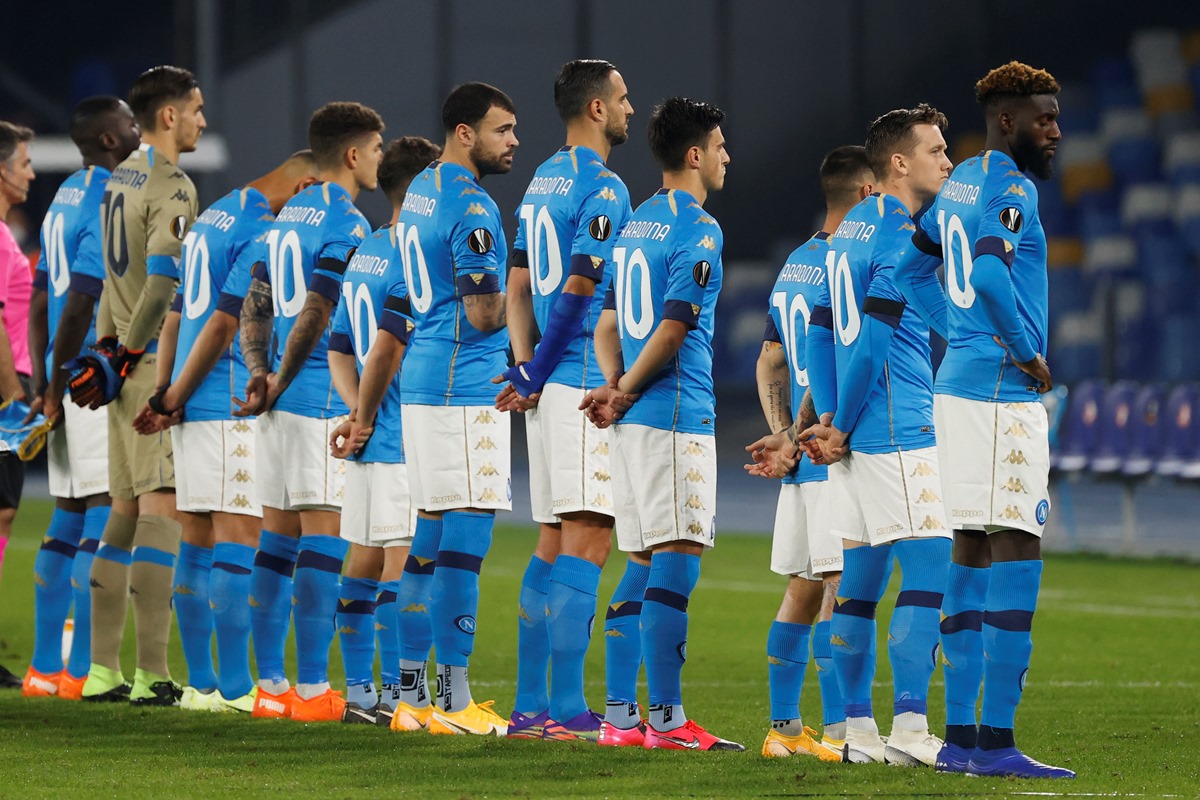 Soccer Football - Europa League - Group F - Napoli v HNK Rijeka - Stadio San Paolo, Naples, Italy - November 26, 2020 General view as Napoli players line up wearing shirts with Diego Maradona's name on the back before the match REUTERS