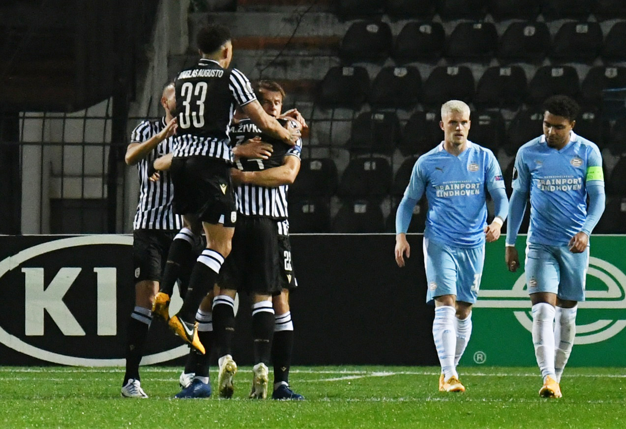 Soccer Football - Europa League - Group E - PAOK v PSV Eindhoven - Toumba Stadium, Thessaloniki, Greece - November 5, 2020 PAOK's Stefan Schwab celebrates scoring their first goal with teammates REUTERS