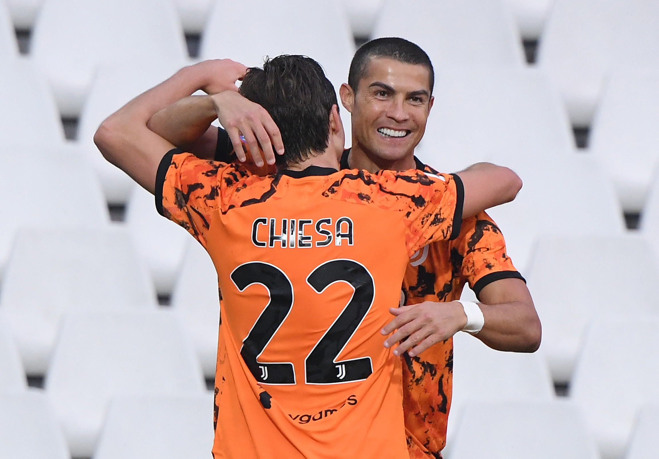 Soccer Football - Serie A - Spezia v Juventus - Stadio Dino Manuzzi, Cesena, Italy - November 1, 2020 Juventus' Cristiano Ronaldo celebrates scoring their second goal with Federico Chiesa REUTERS
