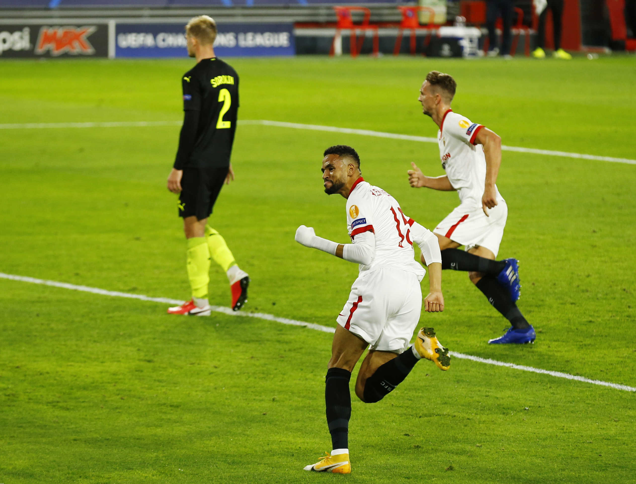 Soccer Football - Champions League - Group E - Sevilla v FC Krasnodar - Ramon Sanchez Pizjuan, Seville, Spain - November 4, 2020 Sevilla's Youssef En Nesyri celebrates scoring their second goal REUTERS