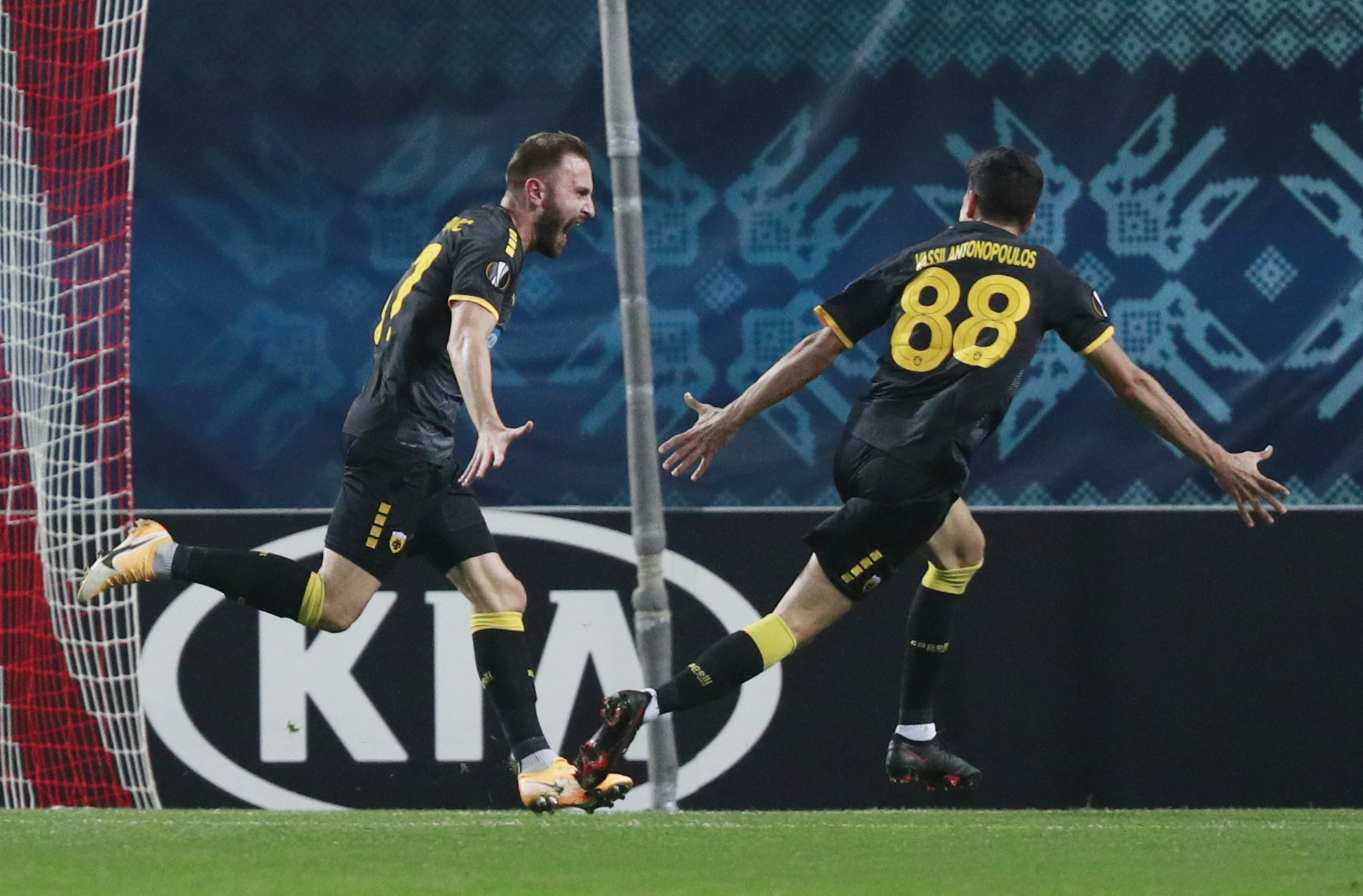 Soccer Football - Europa League - Group G - FC Zorya Luhansk v AEK Athens - Slavutych Arena, Zaporizhia, Ukraine - November 5, 2020 AEK Athens Muamer Tankovic celebrates scoring their first goal with AEK Athens Stavros Vasilantonopoulos REUTERS