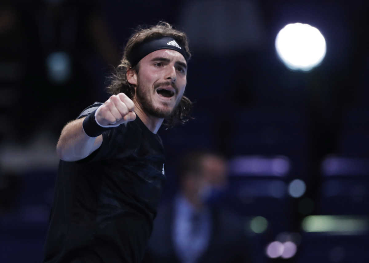 Tennis - ATP Finals - The O2, London, Britain - November 17, 2020 Greece's Stefanos Tsitsipas celebrates winning his group stage match against Russia's Andrey Rublev Action Images via Reuters