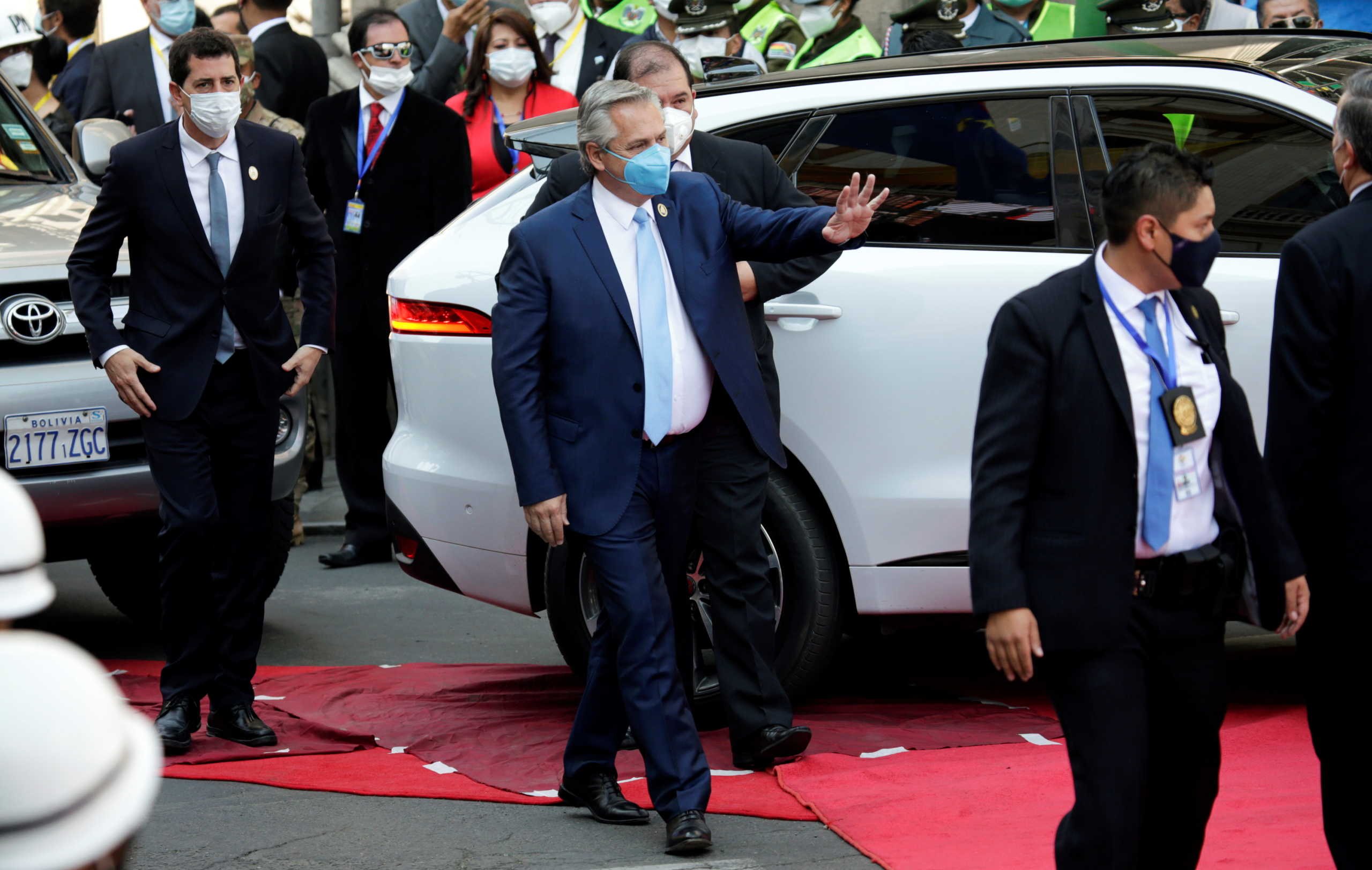 Argentina's President Alberto Fernandez arrives for the swearing-in ceremony of Bolivia?s President-elect Luis Arce (not pictured) at the Plaza Murillo, in La Paz, Bolivia November 8, 2020. REUTERS