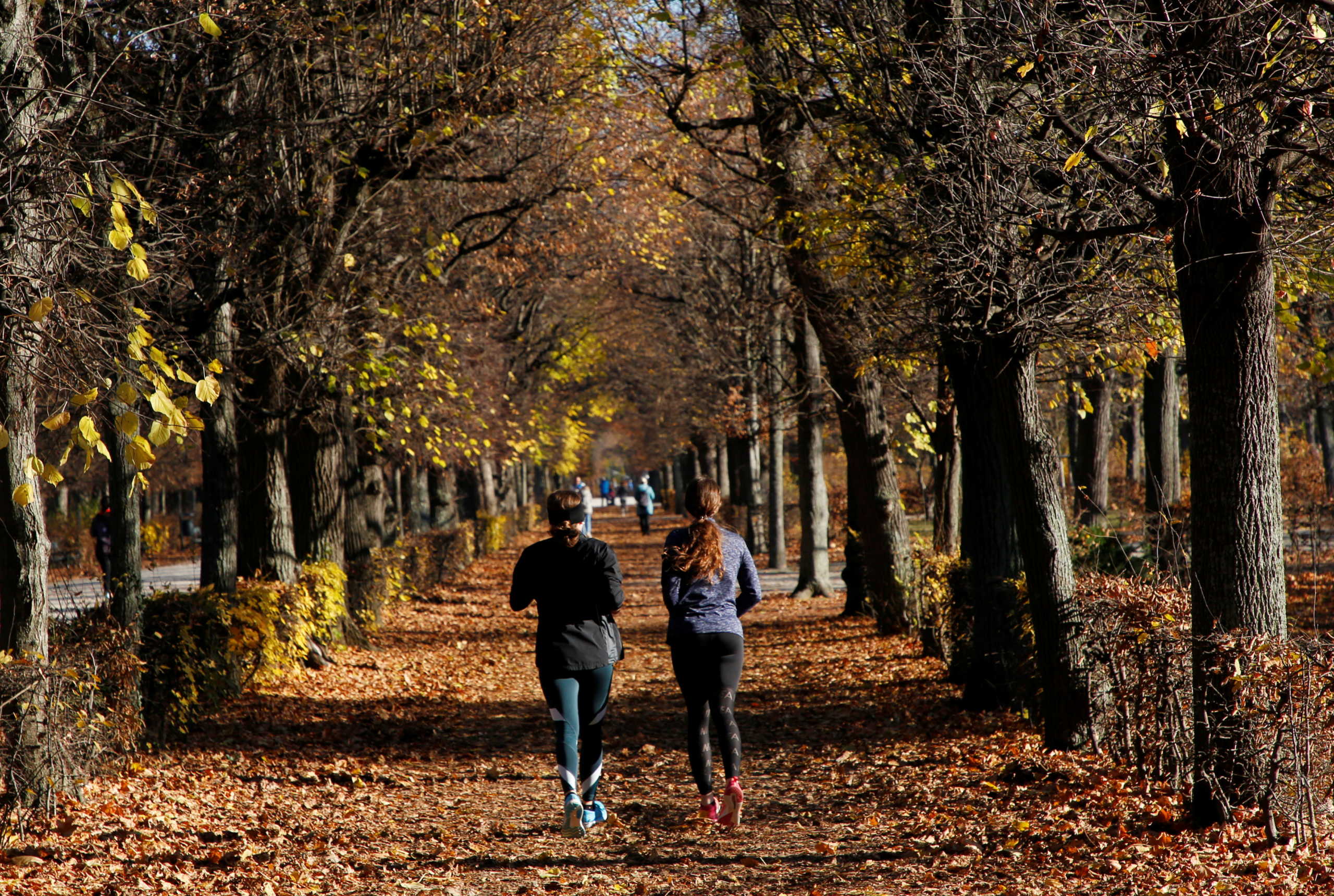 Two girls run in a park, after the Austrian government announced a lockdown, as the spread of the coronavirus disease (COVID-19) continues, in Vienna, Austria, November 18, 2020.  REUTERS