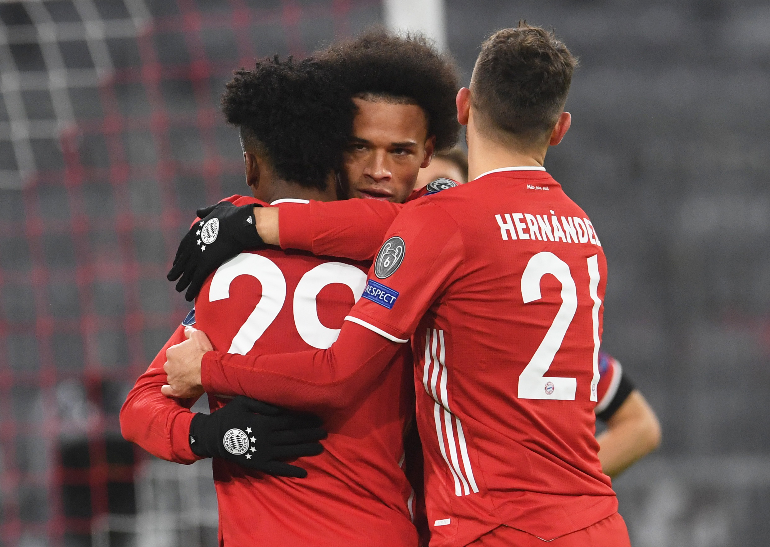 Soccer Football - Champions League - Group A - Bayern Munich v FC Salzburg - Allianz Arena, Munich, Germany - November 25, 2020 Bayern Munich's Leroy Sane celebrates scoring their third goal with teammates REUTERS