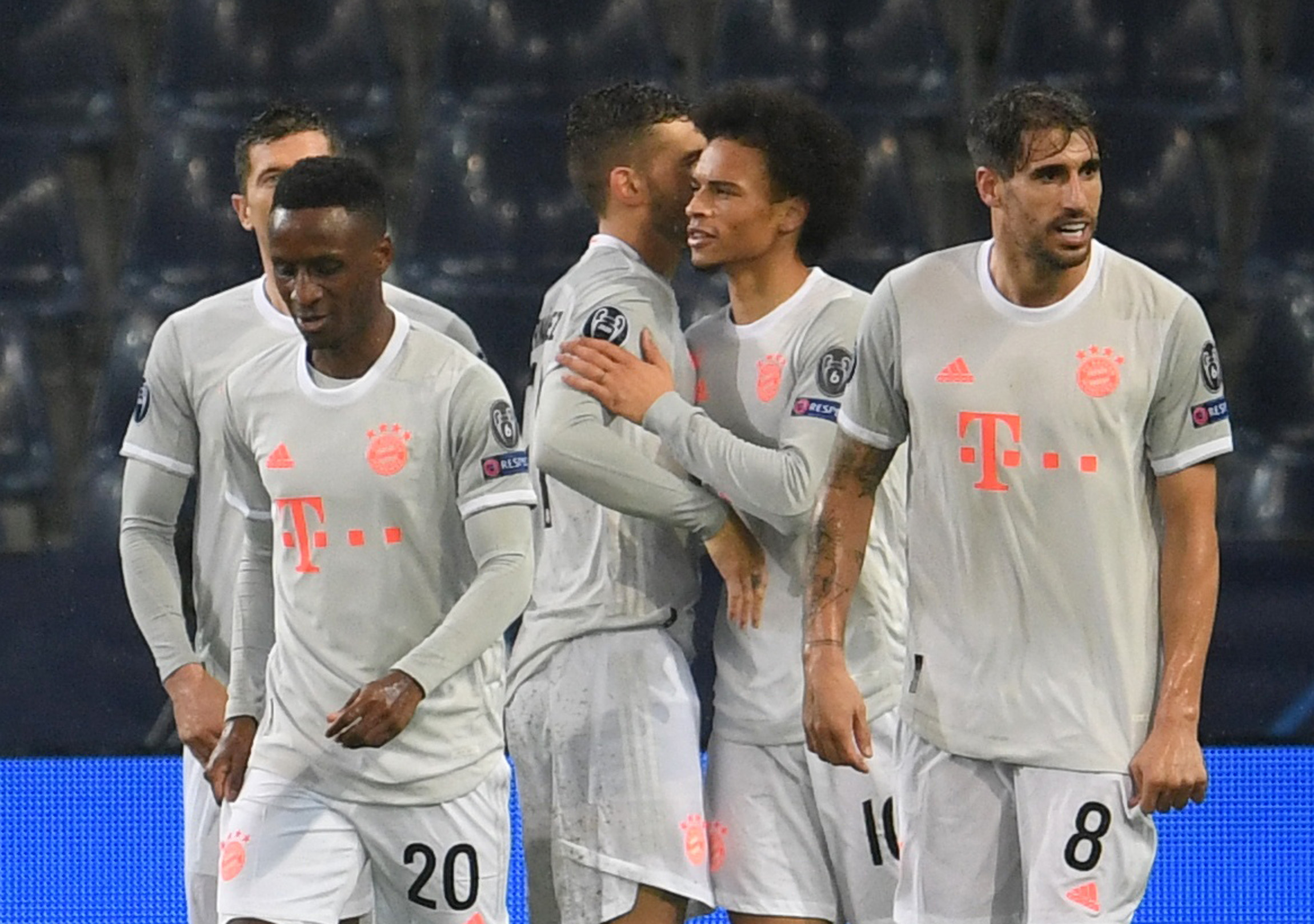 Soccer Football - Champions League - Group A - FC Red Bull Salzburg v Bayern Munich - Red Bull Arena Salzburg, Salzburg, Austria - November 3, 2020 Bayern Munich's Leroy Sane celebrates scoring their fourth goal with teammates REUTERS
