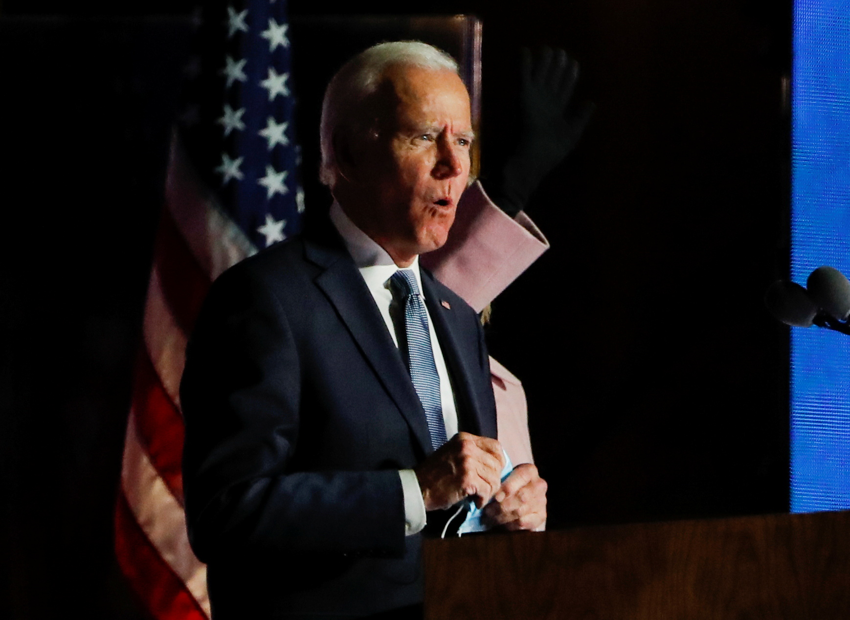 U.S. Democratic presidential nominee and former Vice President Joe Biden reacts to early results from the 2020 U.S. presidential election, in Wilmington, Delaware, U.S., November 4, 2020. REUTERS